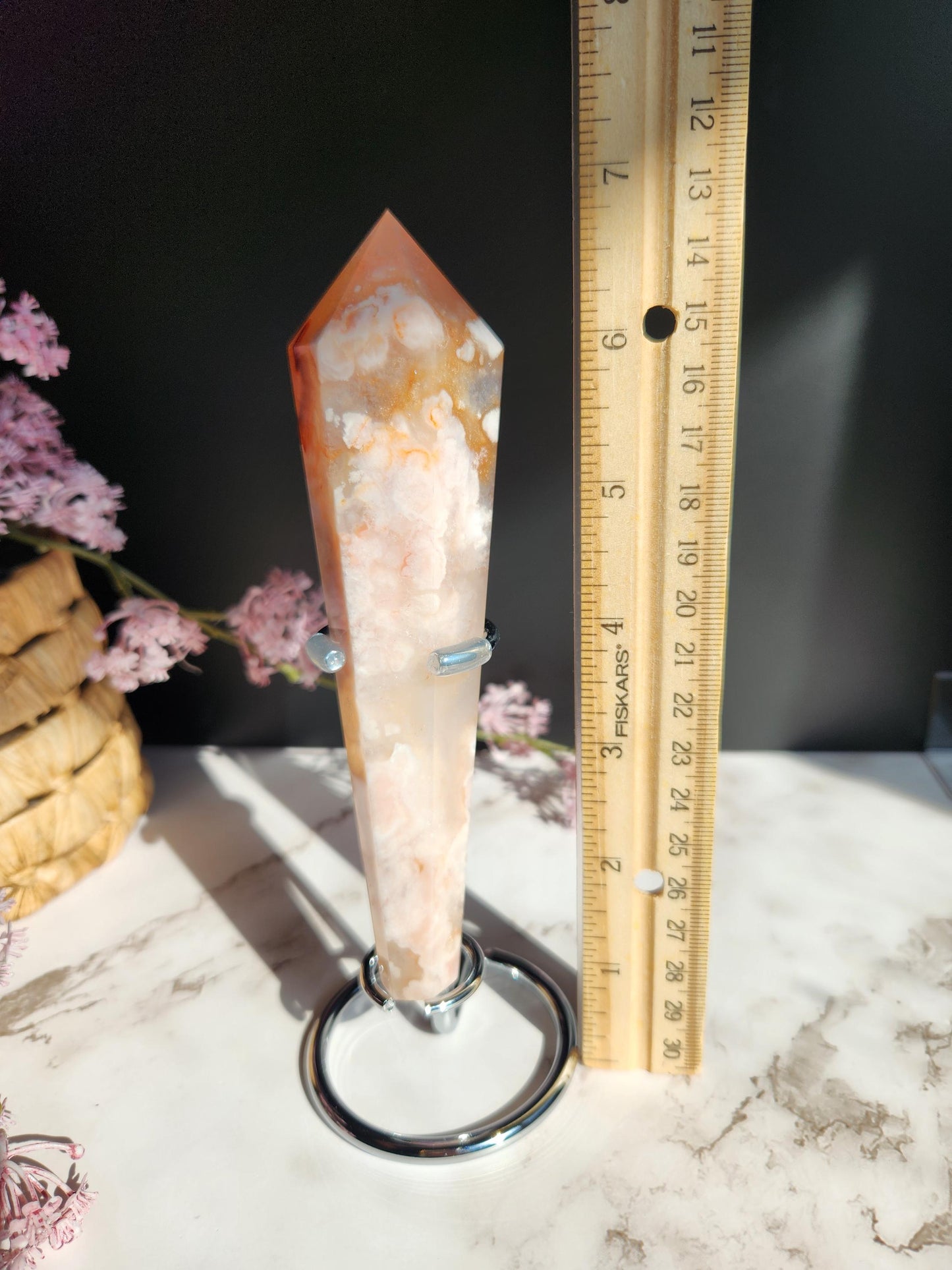 Natural carnelian flower agate wand with stand from Madagascar