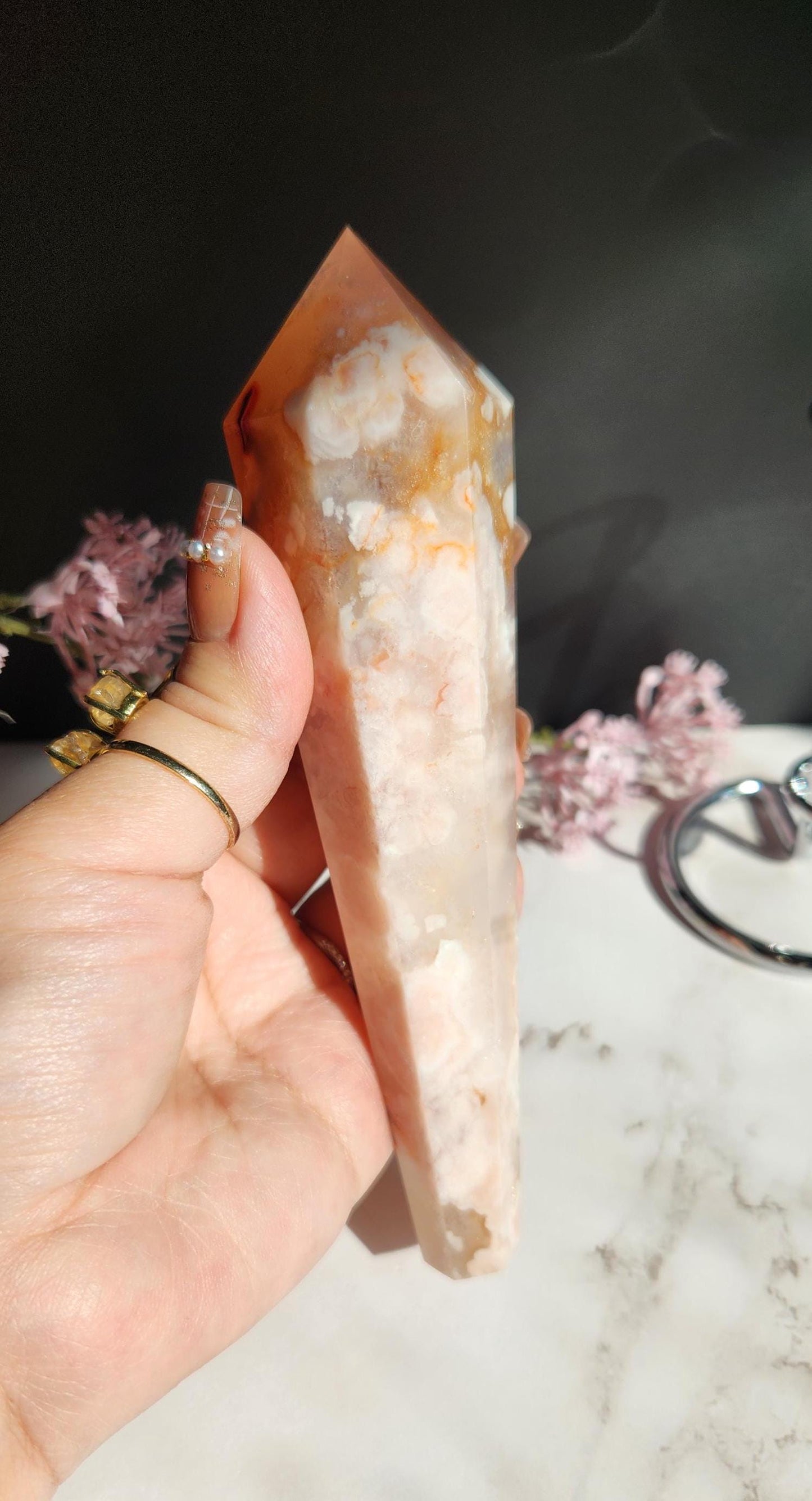Natural carnelian flower agate wand with stand from Madagascar