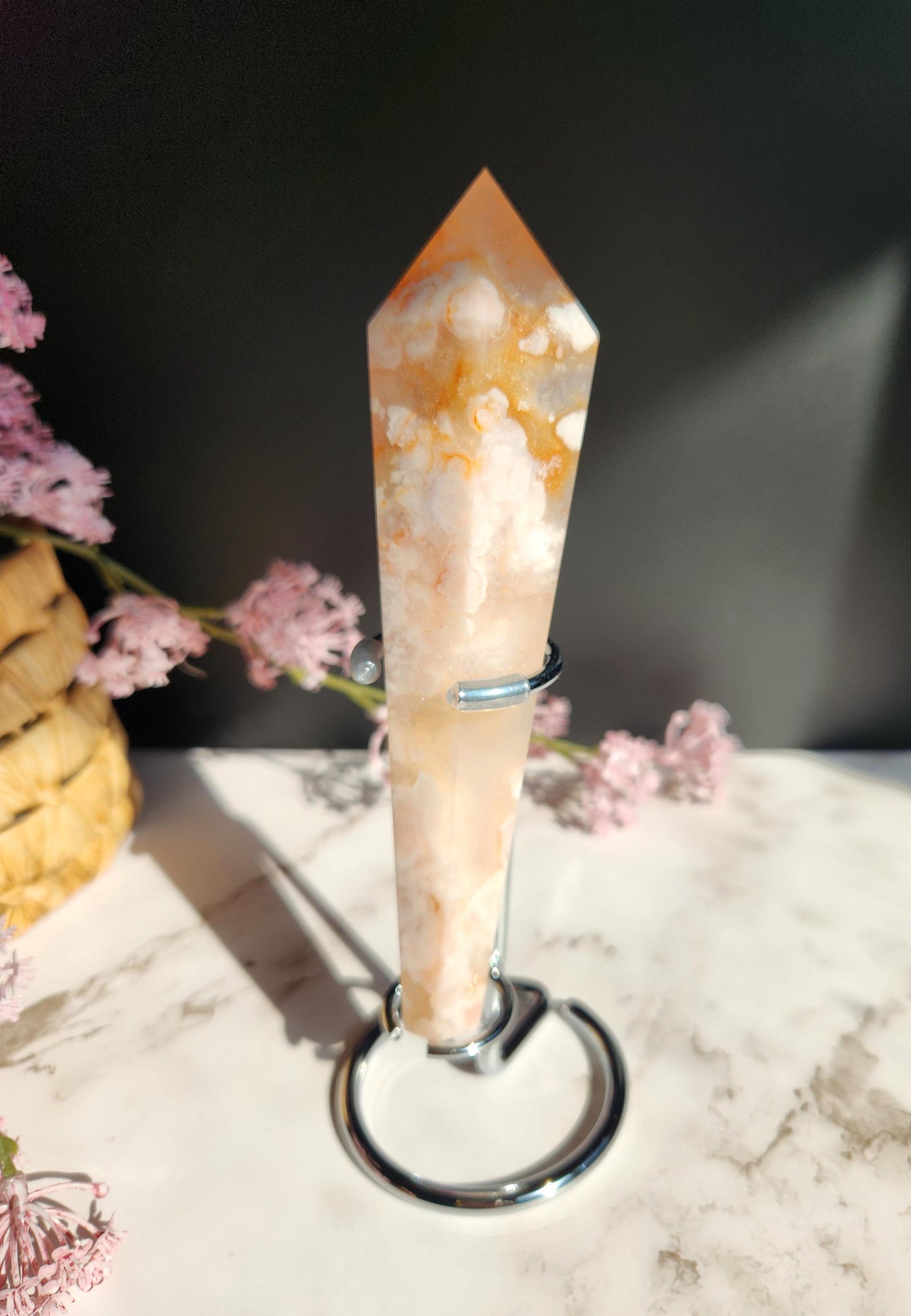 Natural carnelian flower agate wand with stand from Madagascar