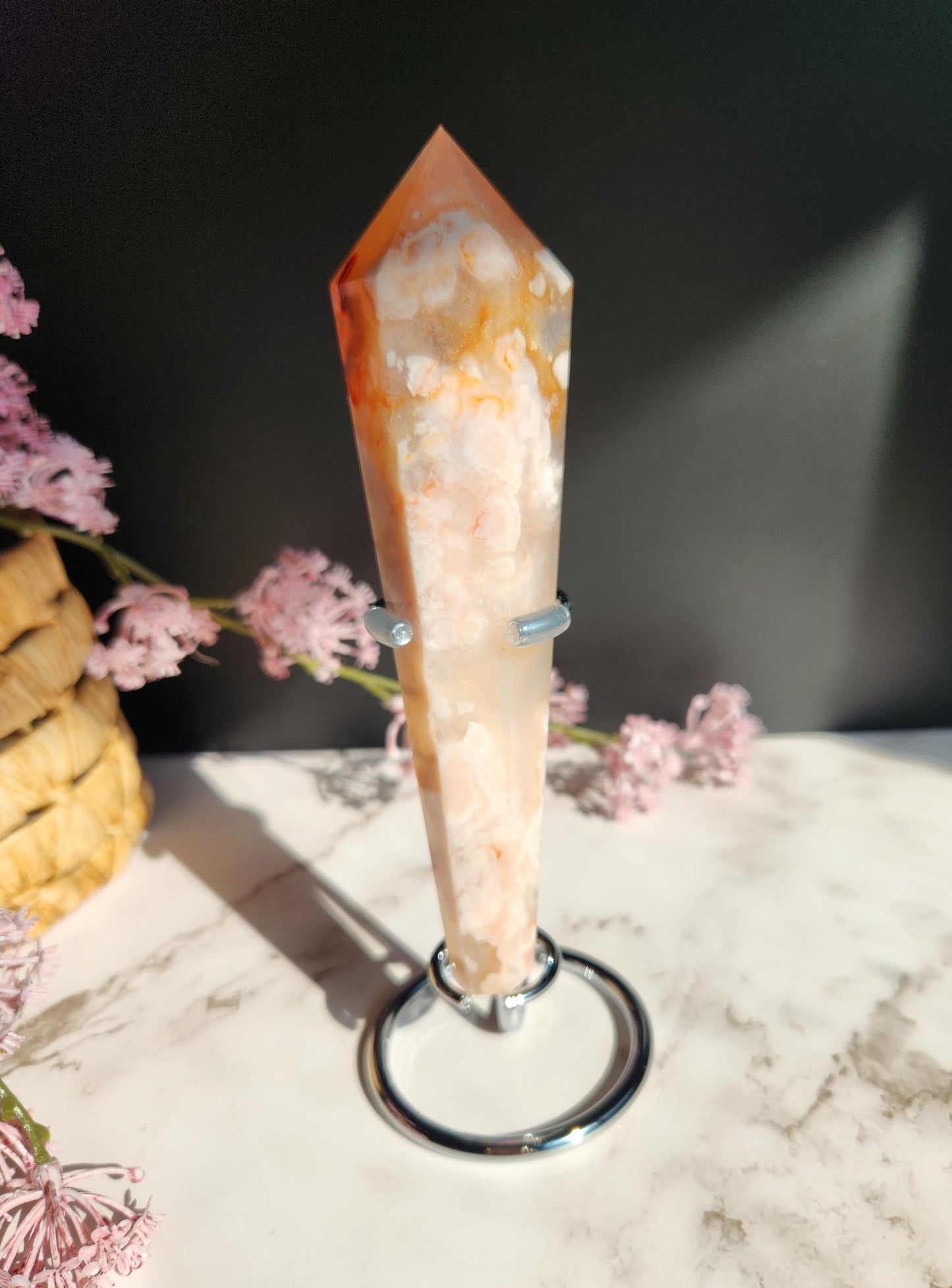 Natural carnelian flower agate wand with stand from Madagascar