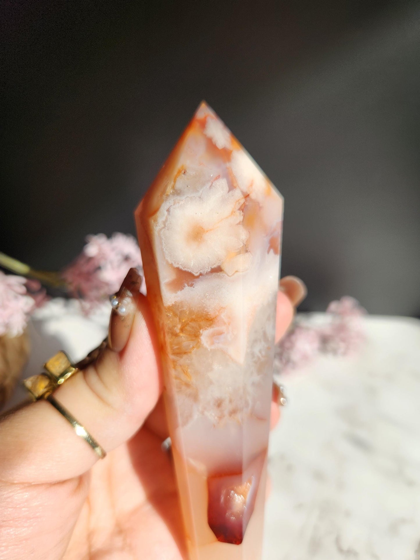 Natural carnelian flower agate wand with druzy from Madagascar, stand included