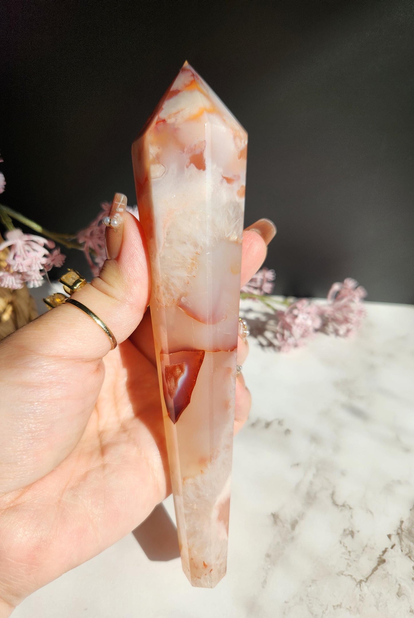 Natural carnelian flower agate wand with druzy from Madagascar, stand included