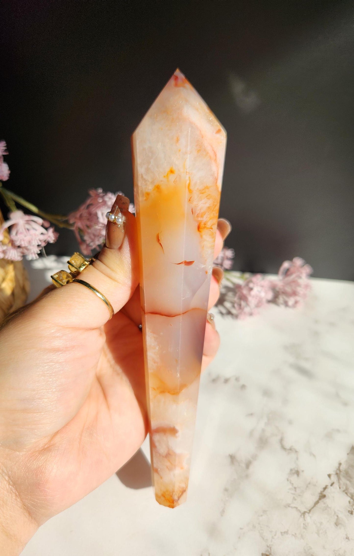 Natural carnelian flower agate wand with druzy from Madagascar, stand included
