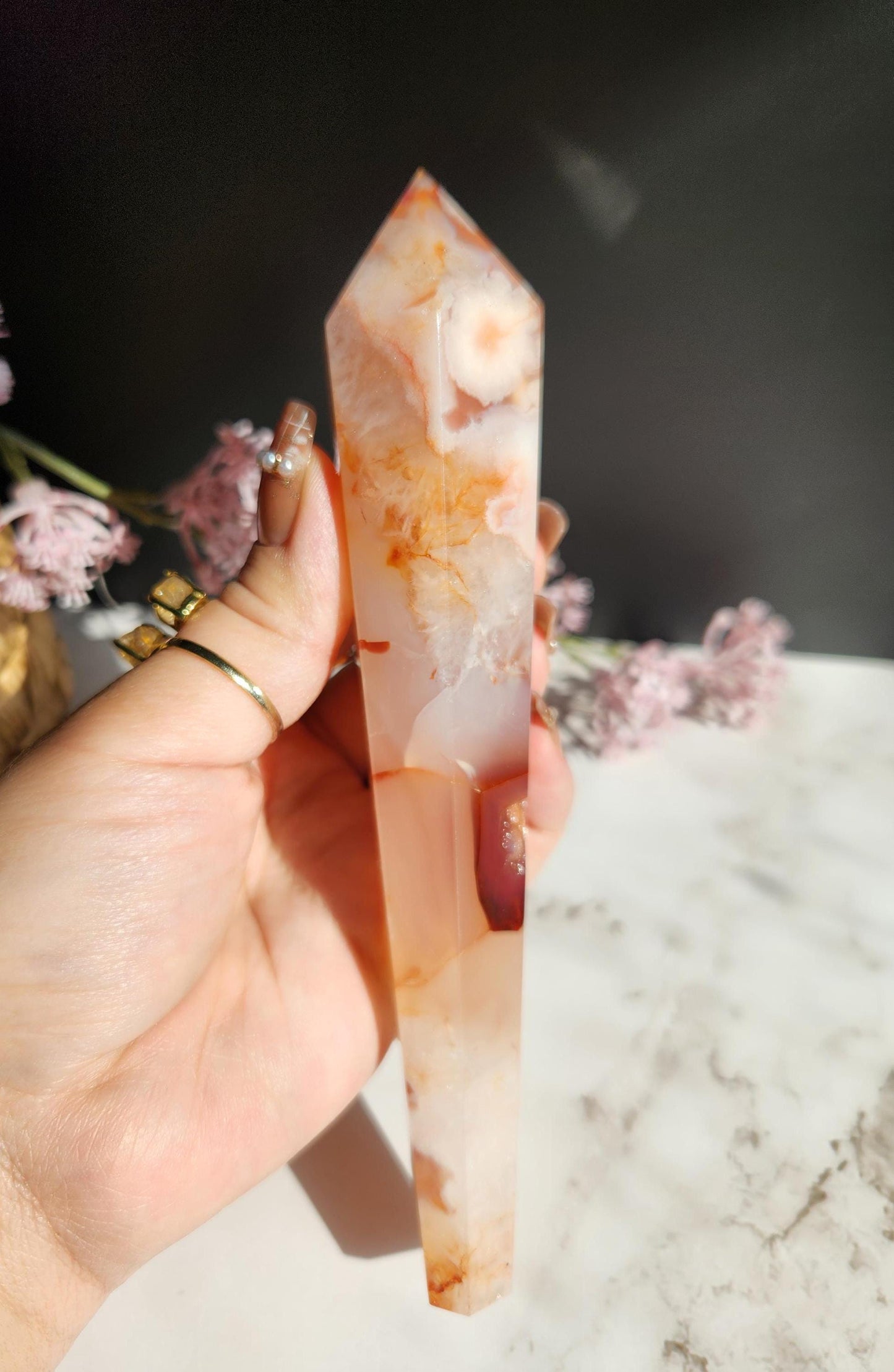 Natural carnelian flower agate wand with druzy from Madagascar, stand included