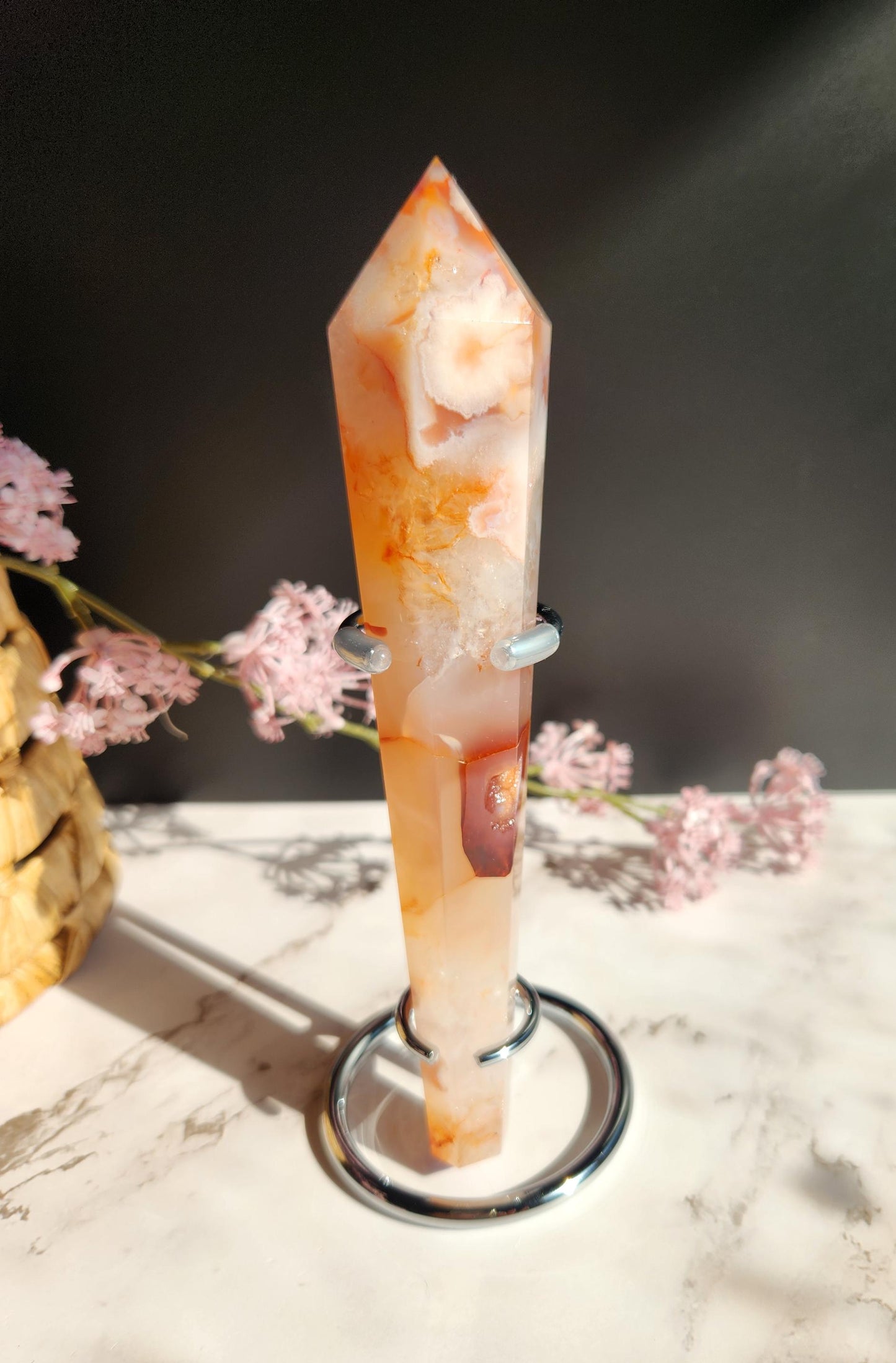 Natural carnelian flower agate wand with druzy from Madagascar, stand included