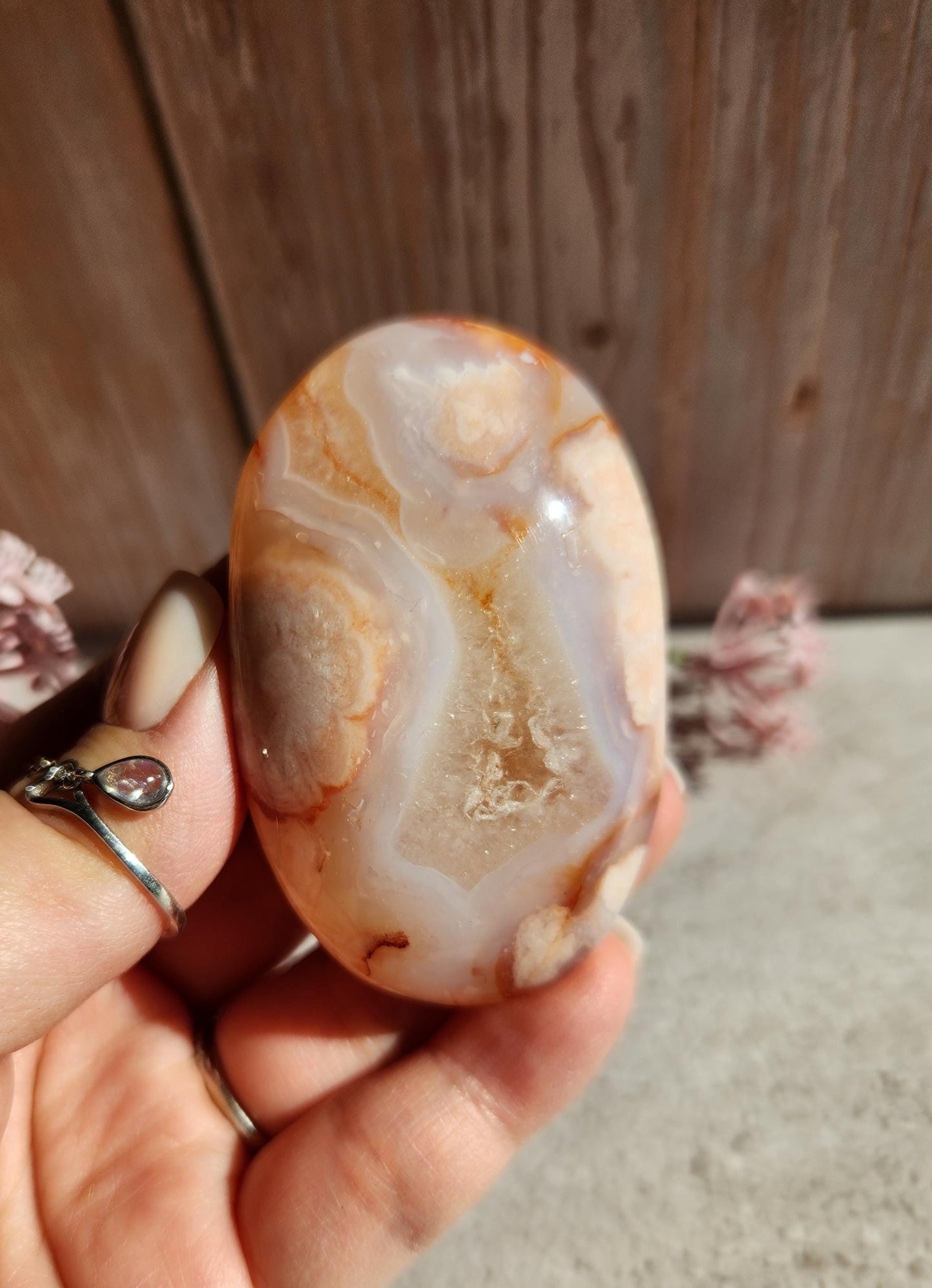 High quality natural carnelian flower agate palm stone with flowers, druzy and agate banding from Madagascar, cherry blossoms, translucent