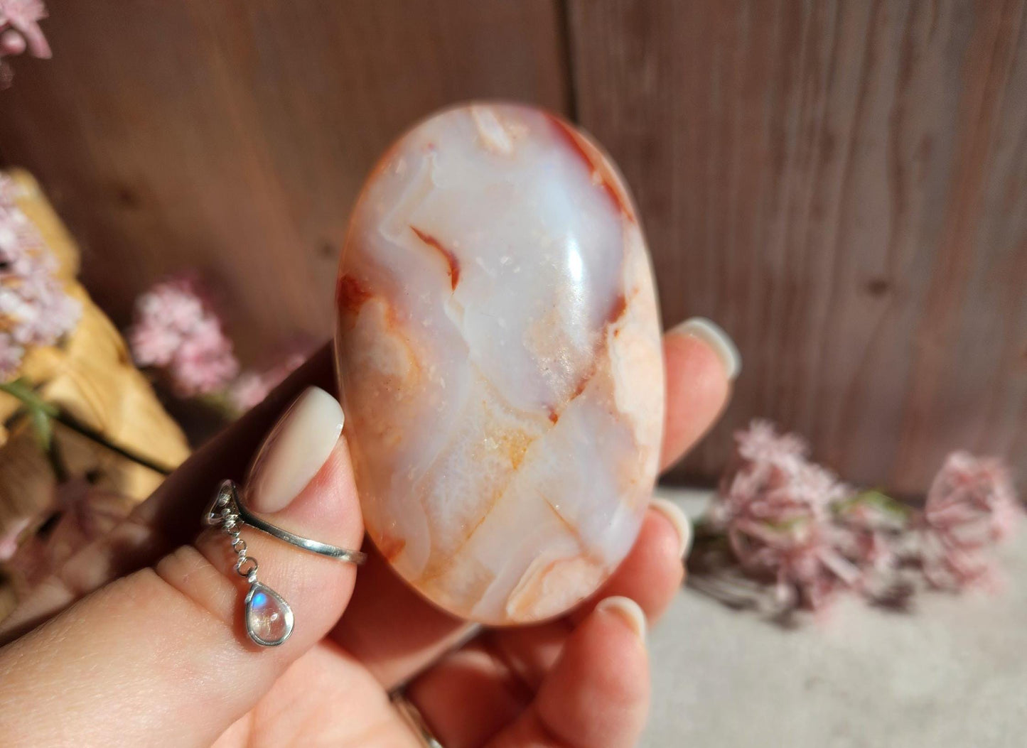 High quality natural carnelian flower agate palm stone with flowers, druzy and agate banding from Madagascar, cherry blossoms, translucent