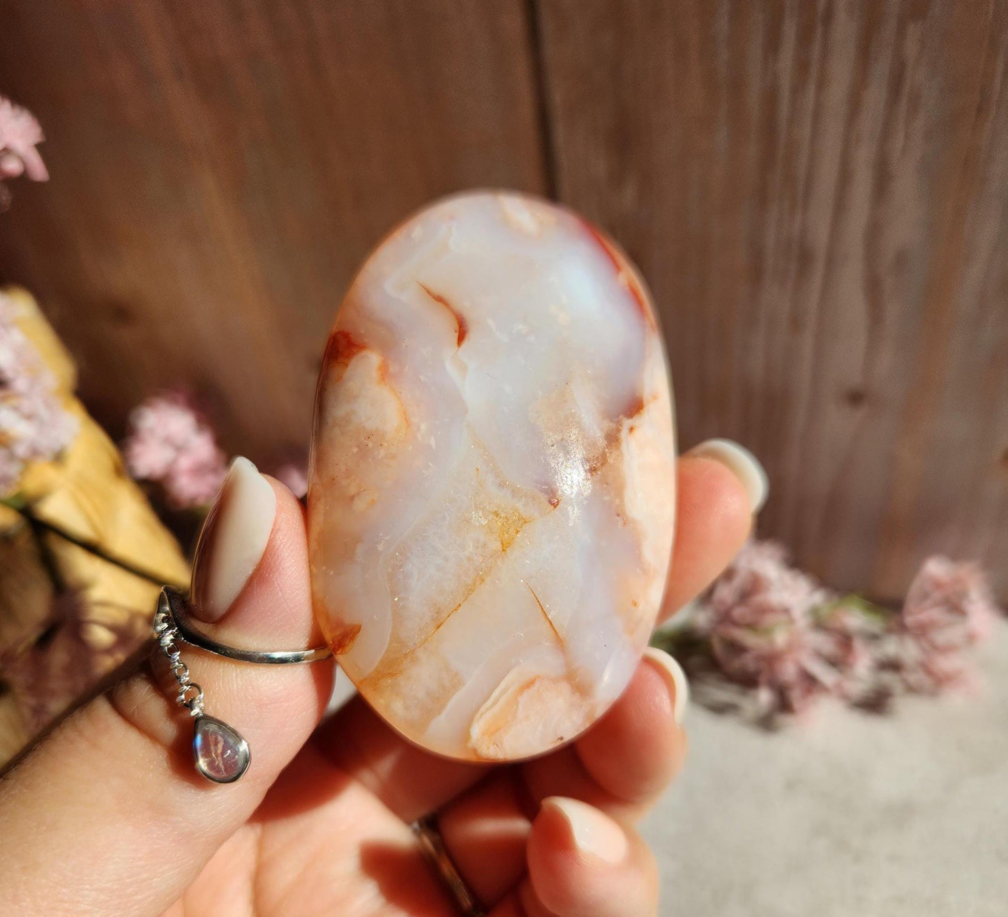 High quality natural carnelian flower agate palm stone with flowers, druzy and agate banding from Madagascar, cherry blossoms, translucent