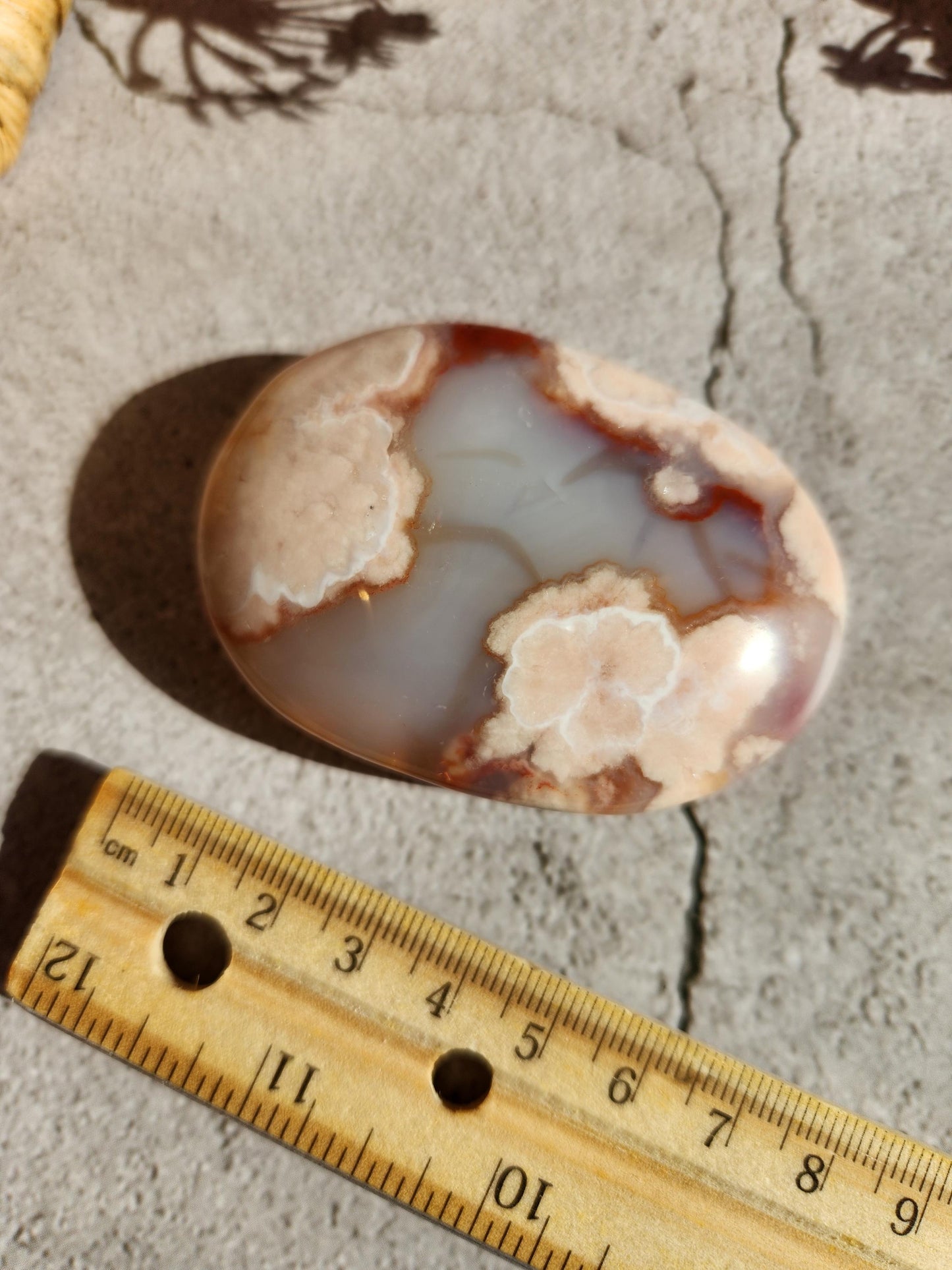 Beautiful natural carnelian flower agate palm stone with flowers, druzy and agate banding from Madagascar, cherry blossoms
