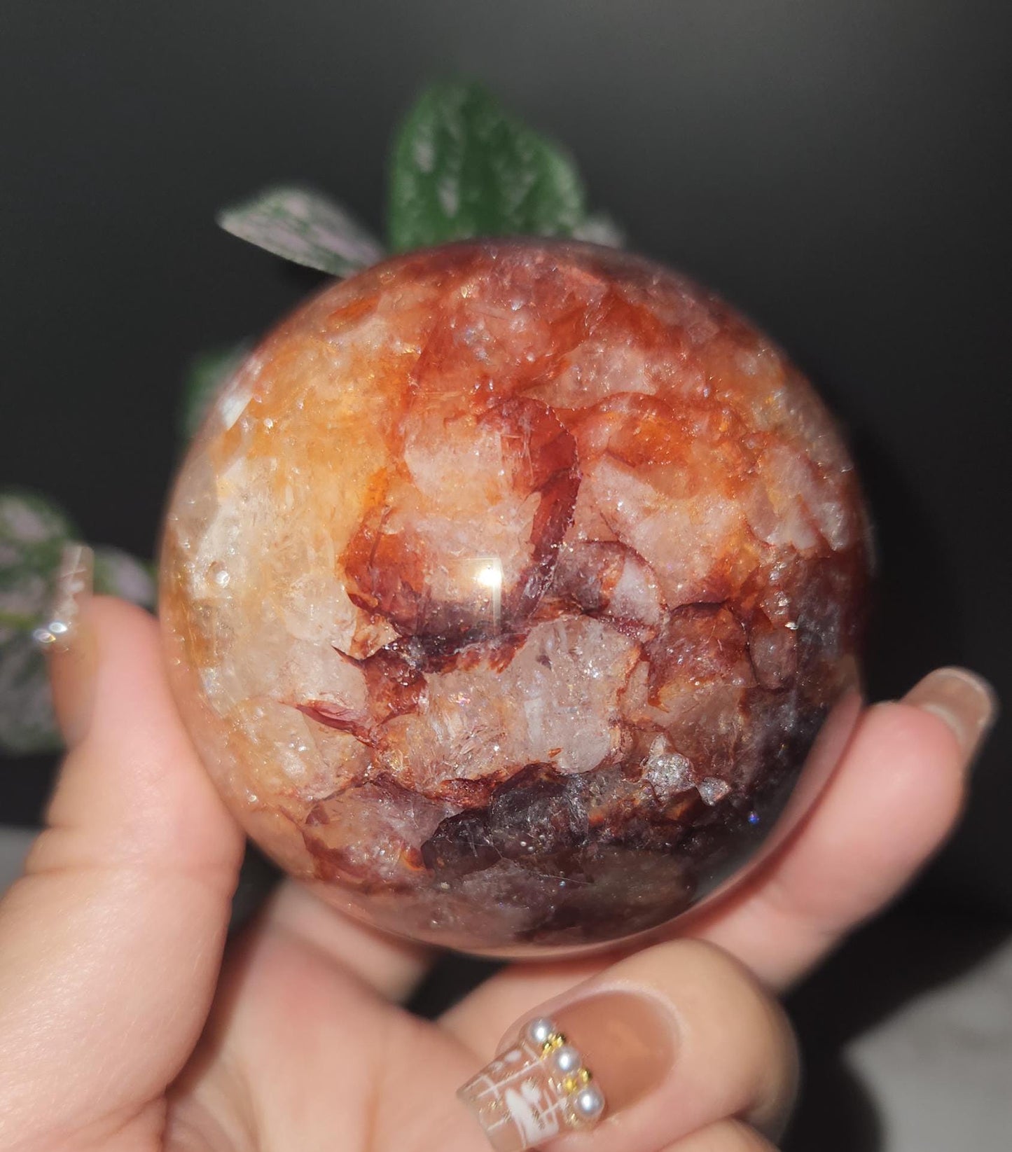 Beautiful natural dark fire quartz sphere with rainbows, Hematoid inclusions, Hematoid quartz, 72C, 67.8mm