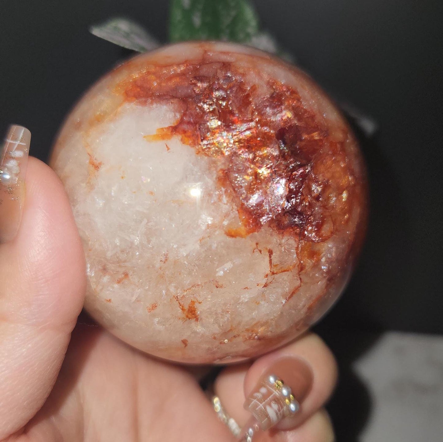 Beautiful natural dark fire quartz sphere with rainbows, Hematoid inclusions, Hematoid quartz, 72C, 67.8mm