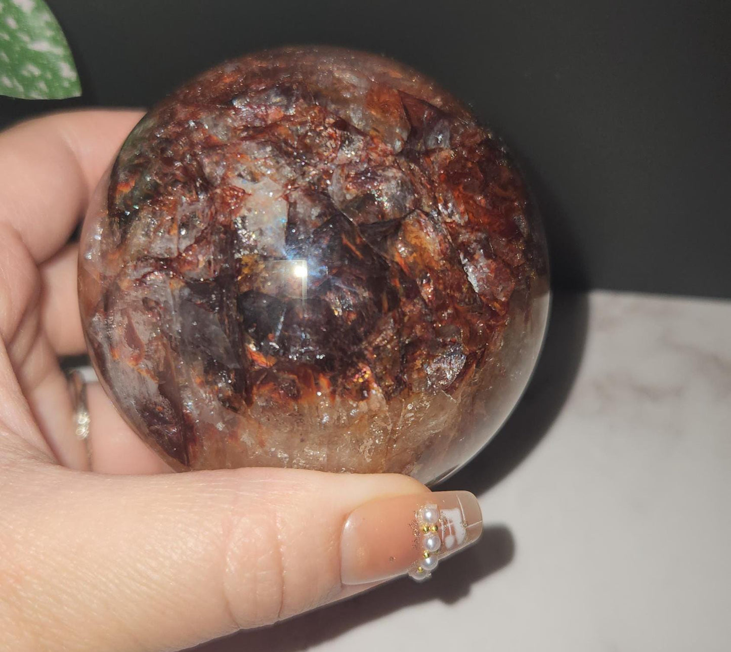 High quality natural dark fire quartz sphere with rainbows, Hematoid inclusions, Hematoid quartz, 84D, 70.9mm