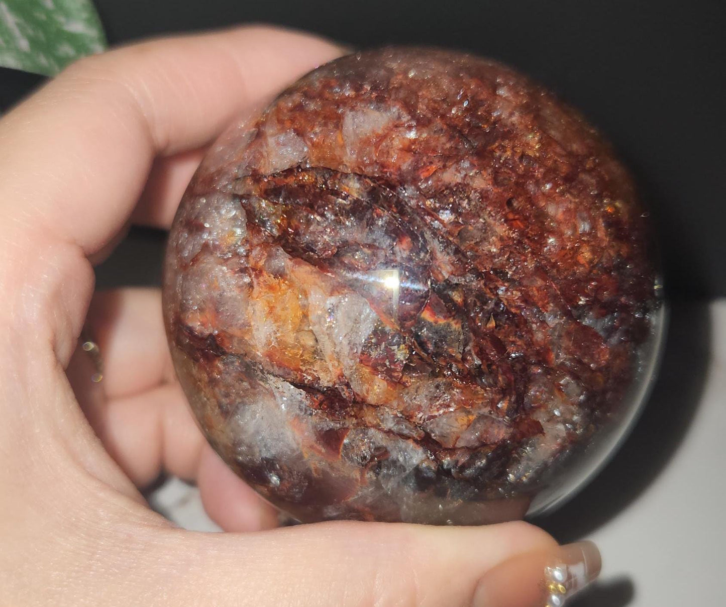 High quality natural dark fire quartz sphere with rainbows, Hematoid inclusions, Hematoid quartz, 84D, 70.9mm