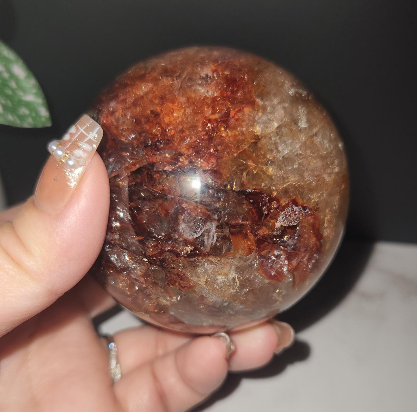 High quality natural dark fire quartz sphere with rainbows, Hematoid inclusions, Hematoid quartz, 84D, 70.9mm