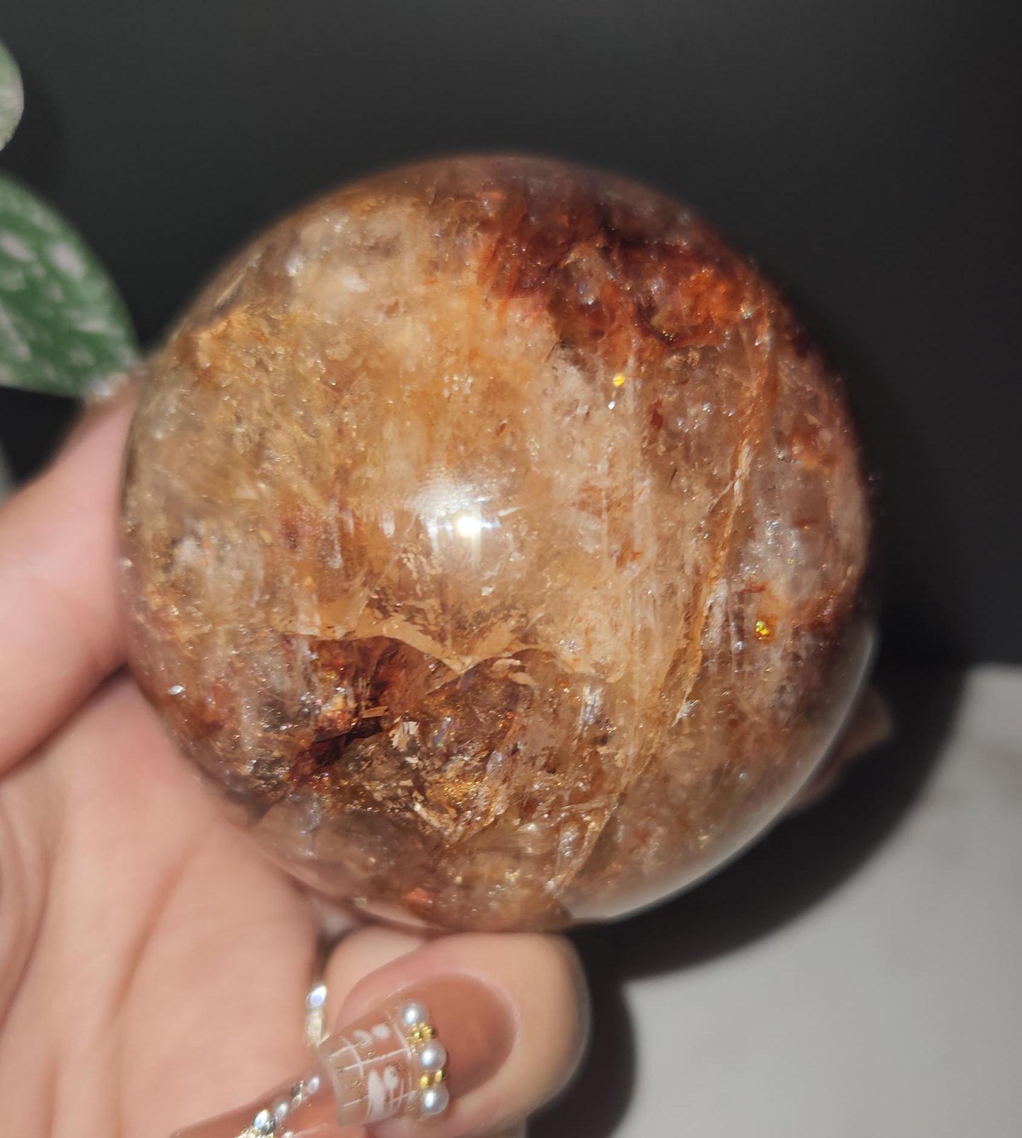 High quality natural dark fire quartz sphere with rainbows, Hematoid inclusions, Hematoid quartz, 84D, 70.9mm