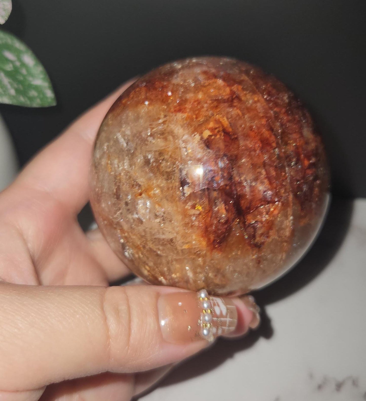 High quality natural dark fire quartz sphere with rainbows, Hematoid inclusions, Hematoid quartz, 84D, 70.9mm