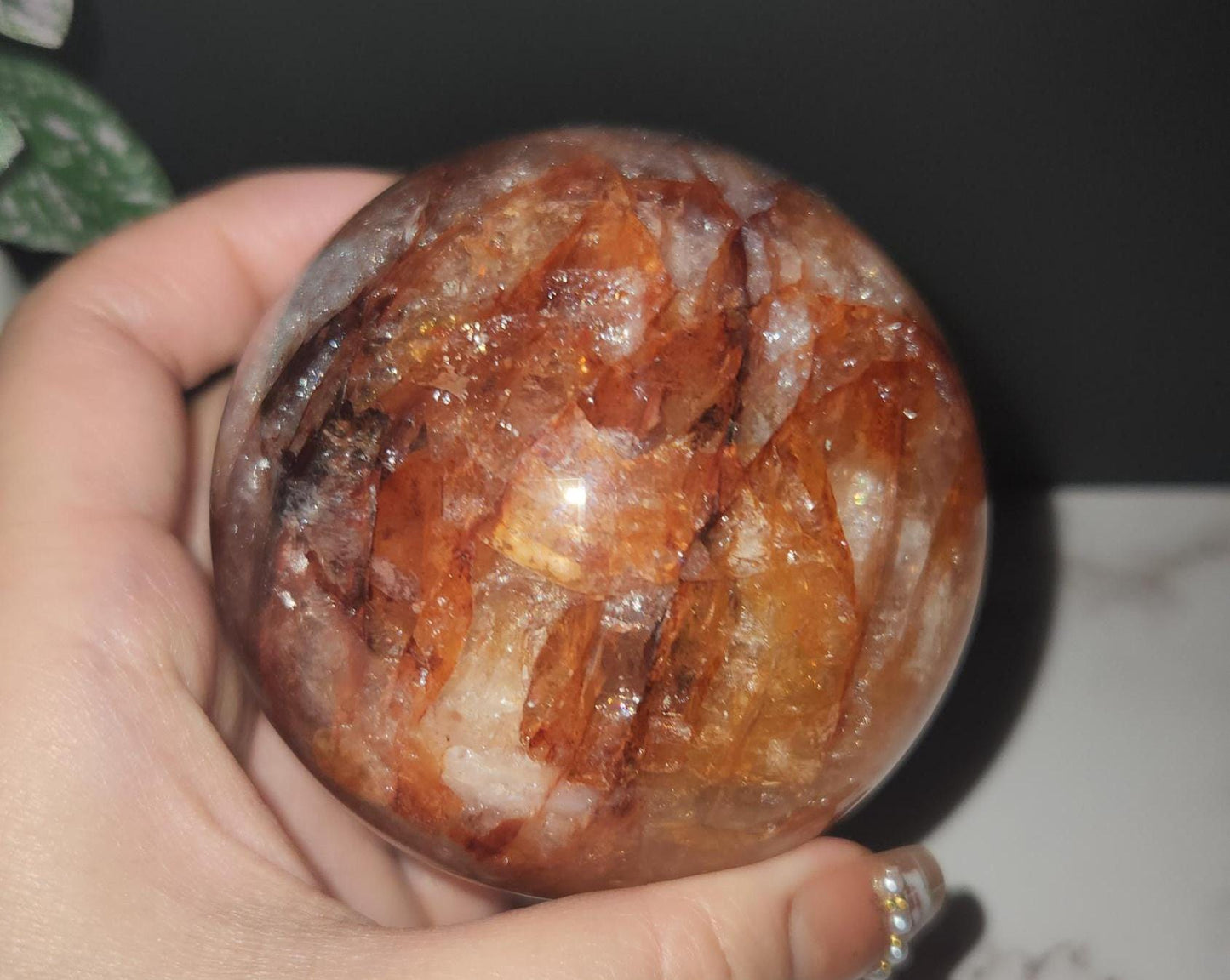 Beautiful natural dark fire quartz sphere with rainbows, Hematoid inclusions, Hematoid quartz, E, 73.9mm