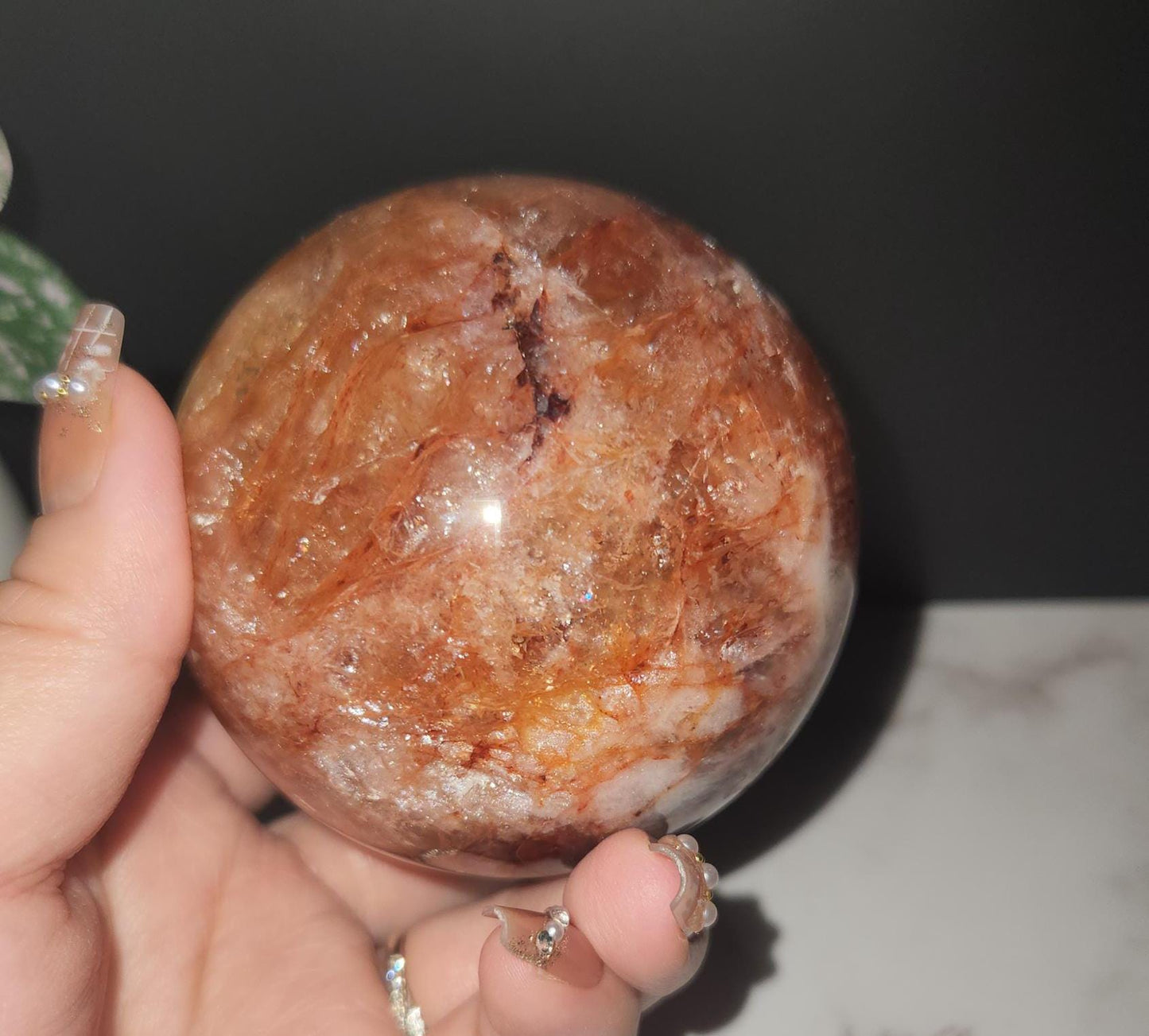 Beautiful natural dark fire quartz sphere with rainbows, Hematoid inclusions, Hematoid quartz, E, 73.9mm