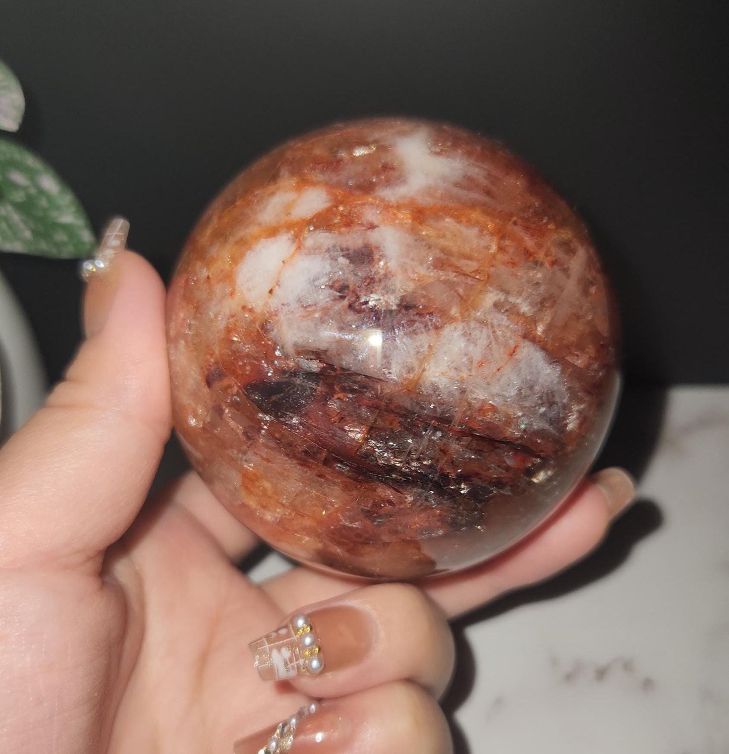 Beautiful natural dark fire quartz sphere with rainbows, Hematoid inclusions, Hematoid quartz, E, 73.9mm