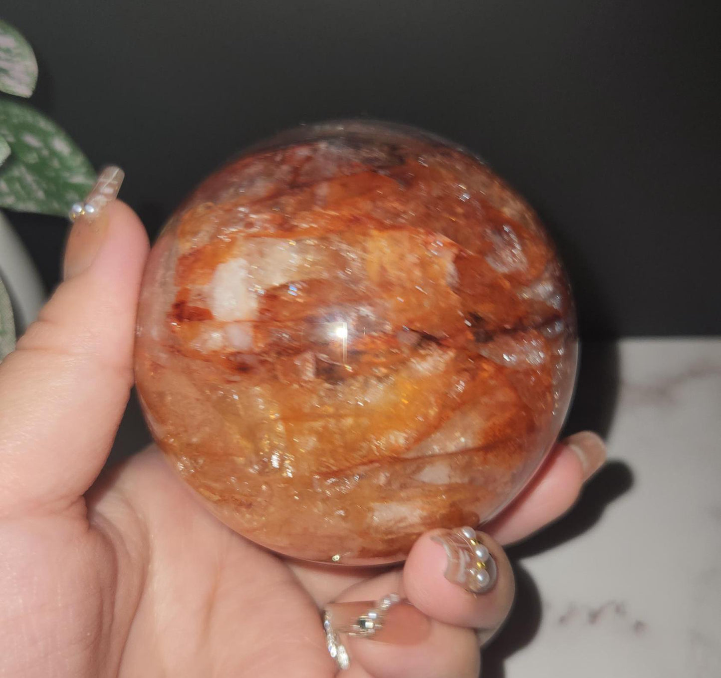 Beautiful natural dark fire quartz sphere with rainbows, Hematoid inclusions, Hematoid quartz, E, 73.9mm