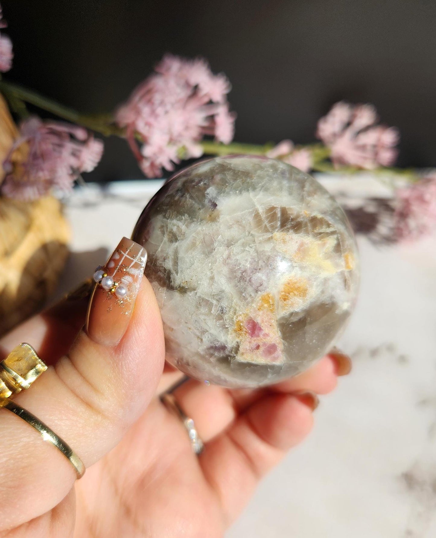 Natural pink tourmaline sphere with sparkly lepidolite, Smoky and clear quartz, E