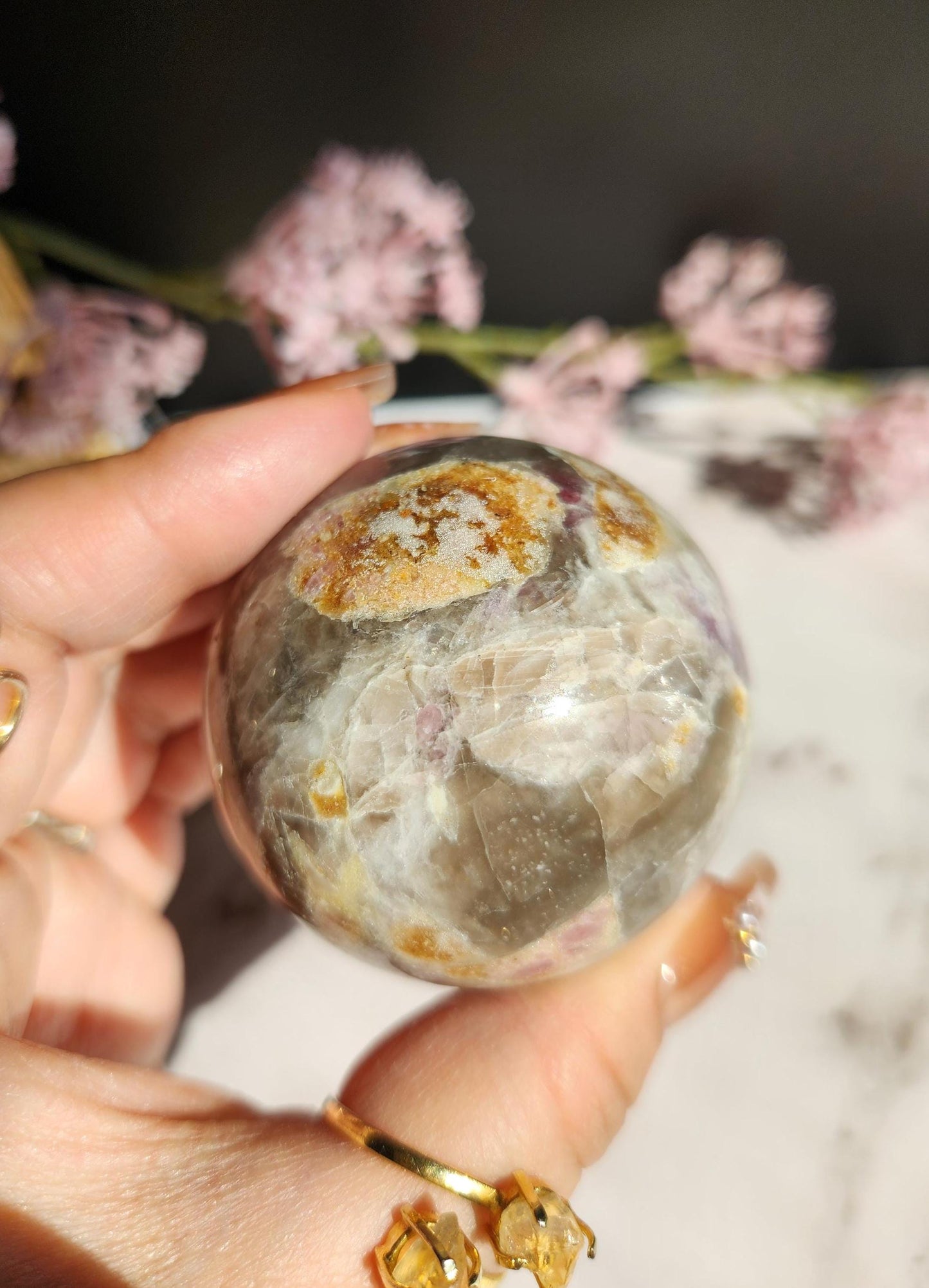Natural pink tourmaline sphere with sparkly lepidolite, Smoky and clear quartz, E