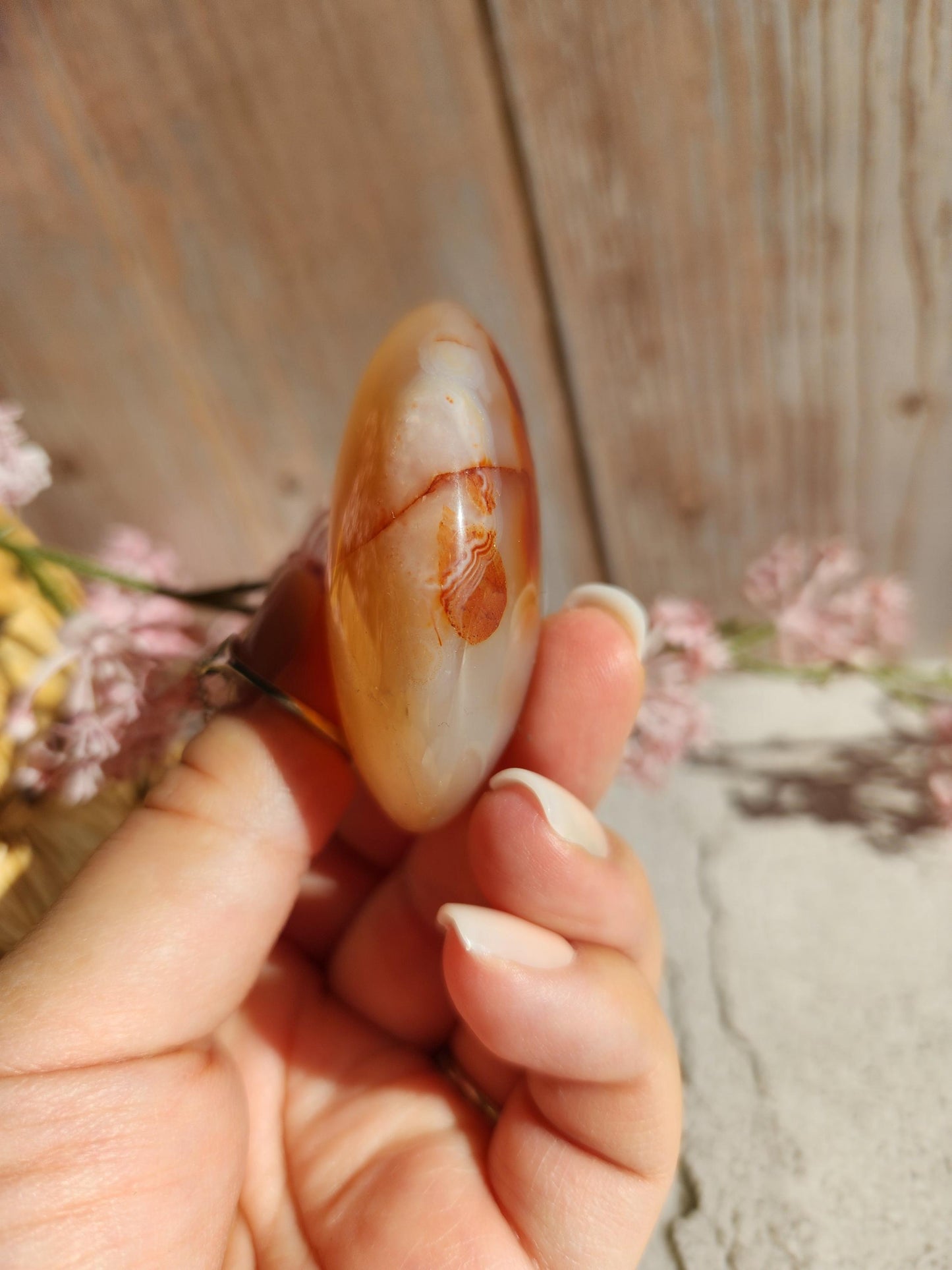 Amazing natural rare carnelian flower agate palm stone with pink flowers from Madagascar, cherry blossoms, translucent