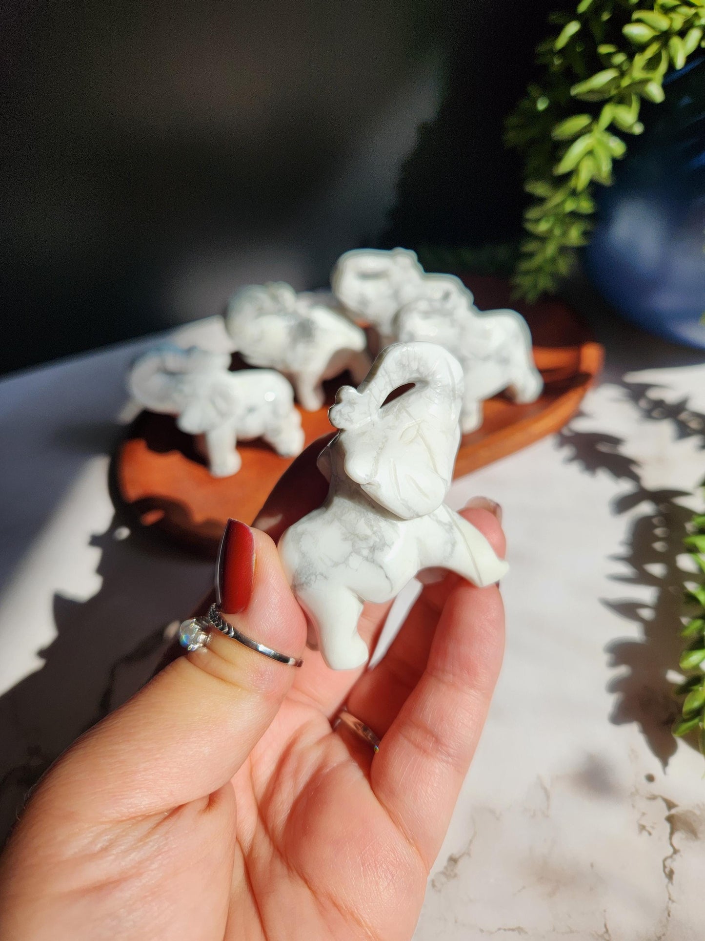 Beautiful hand carved howlite elephants, natural howlite