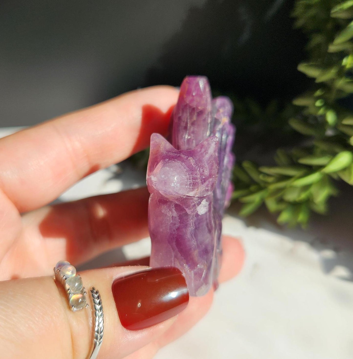 Natural purple fluorite 9 tail fox carving with beautiful bandings