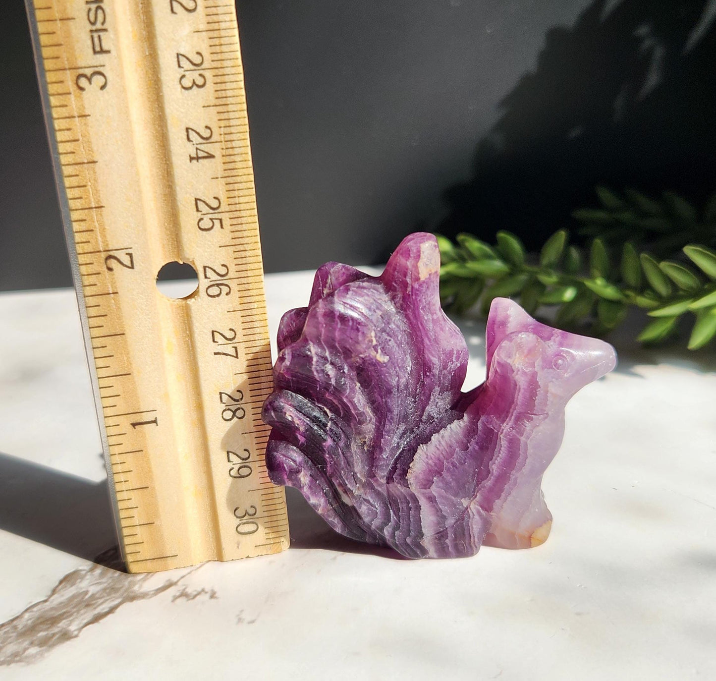Natural purple fluorite 9 tail fox carving with beautiful bandings