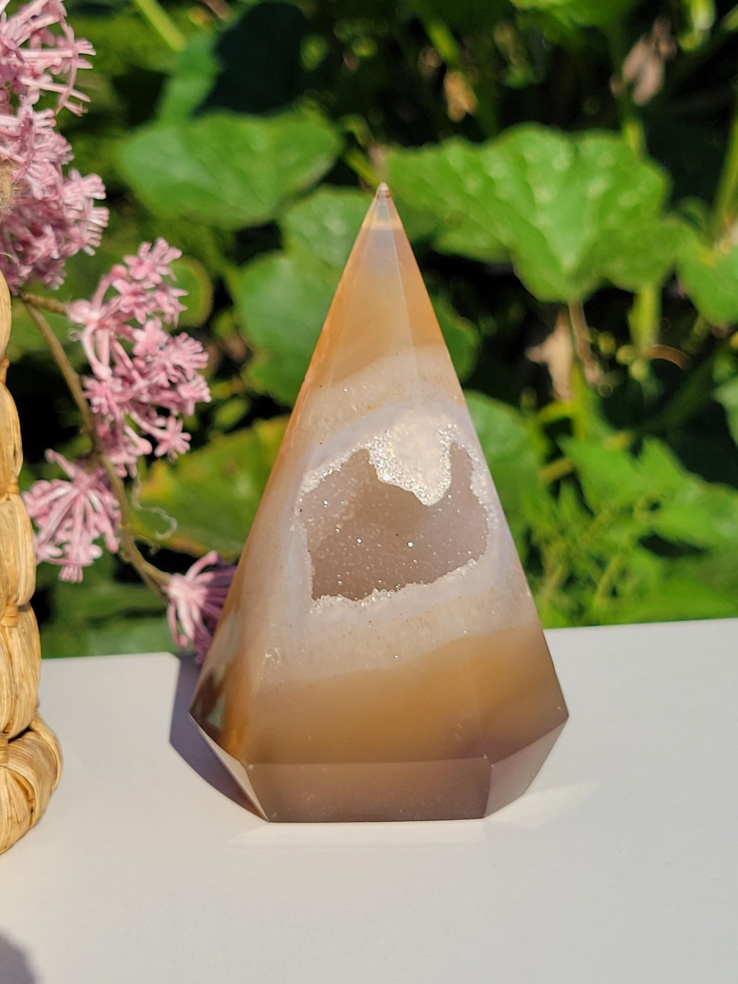 Pretty light brown agate diamond with quartz and sparkly druzy from Brazil