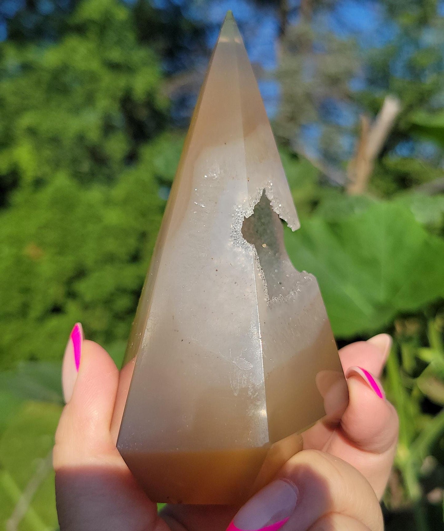 Pretty light brown agate diamond with quartz and sparkly druzy from Brazil
