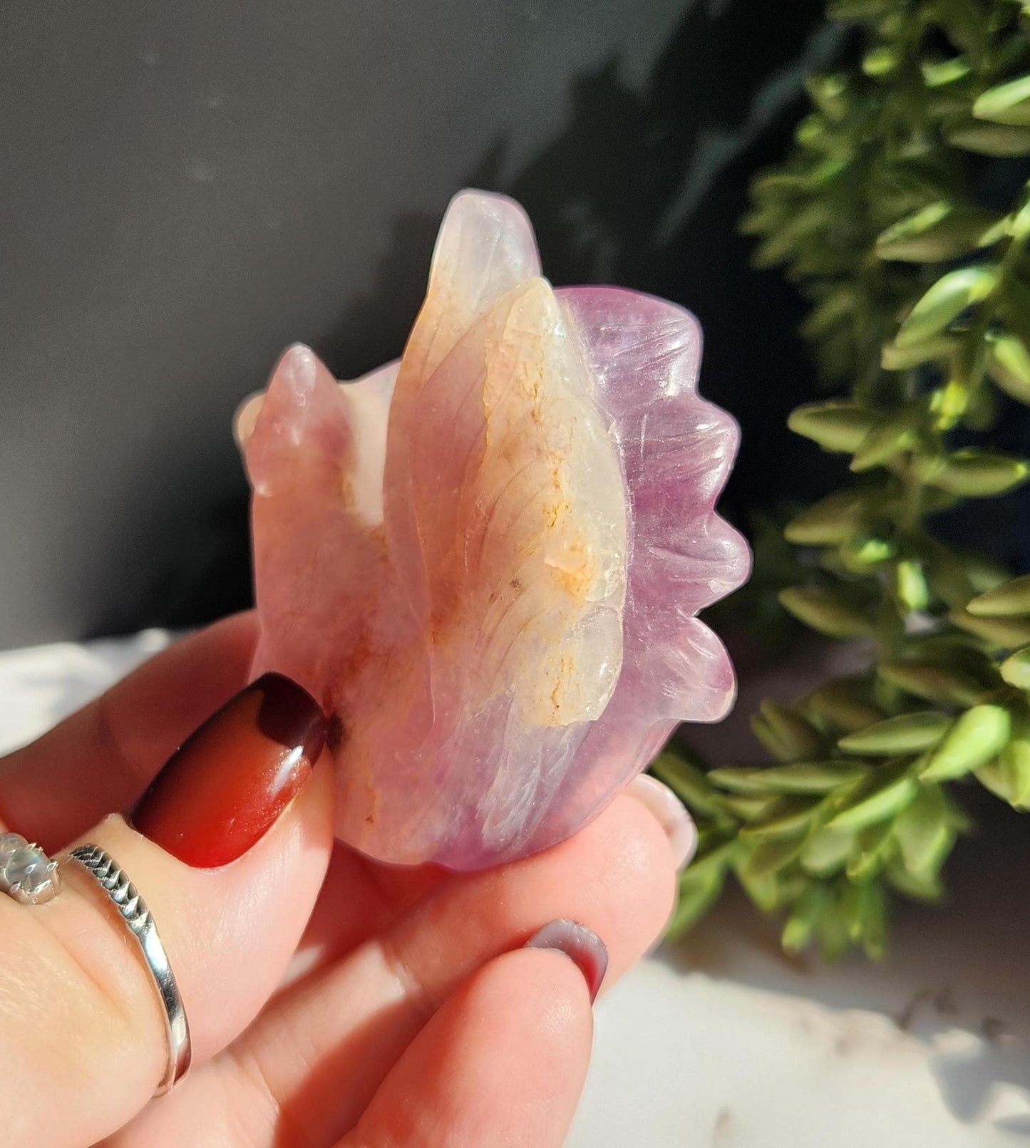 Natural fluorite 9 tail fox carving with golden healer inclusions