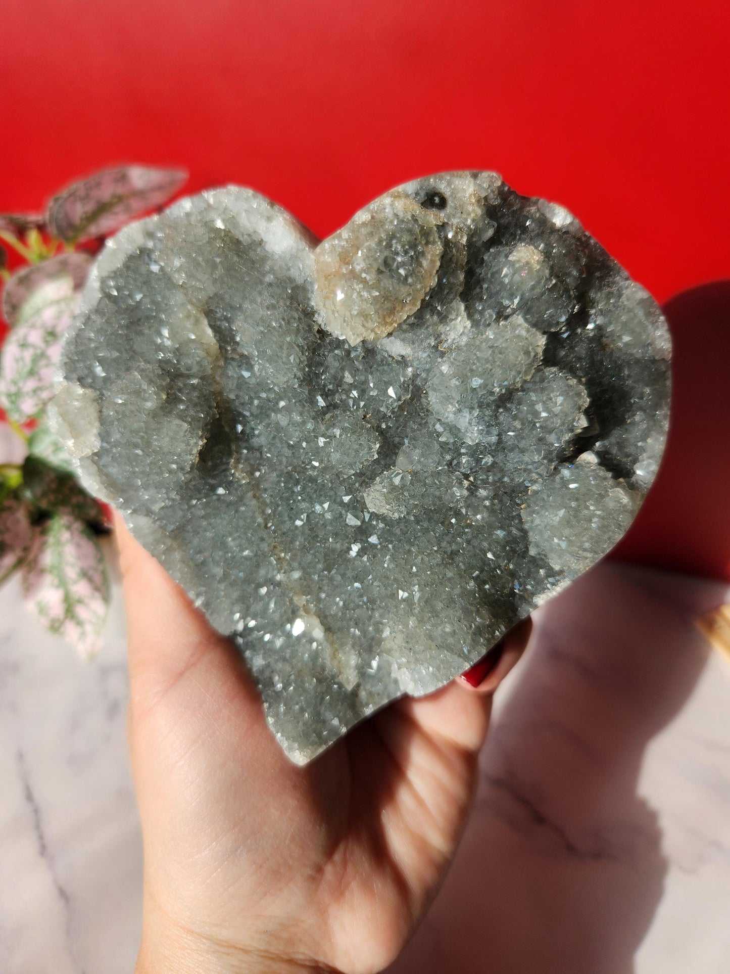 High quality natural green rainbow amethyst heart with amazing rosette flower formations, stand is included 1.76lbs