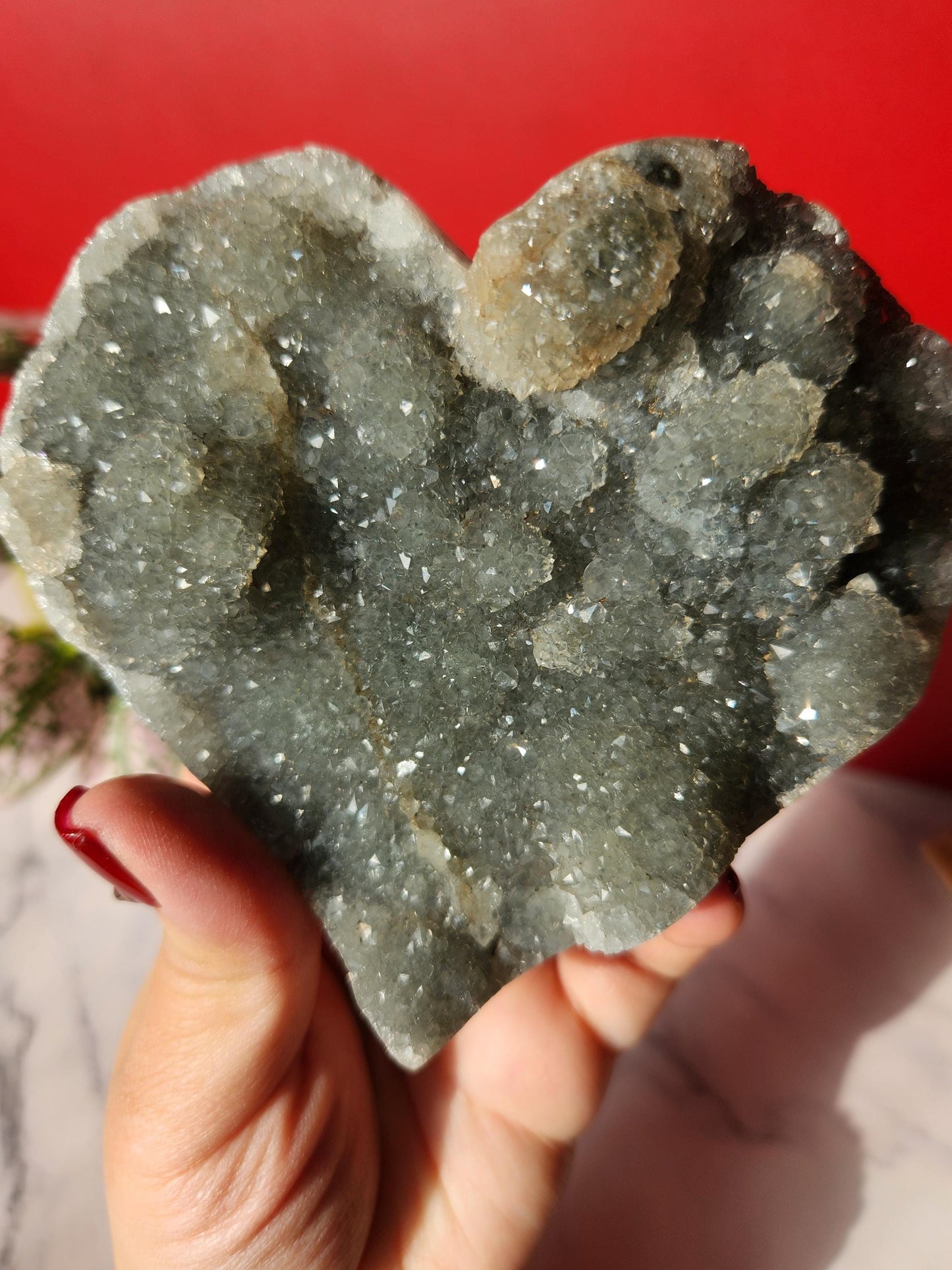 High quality natural green rainbow amethyst heart with amazing rosette flower formations, stand is included 1.76lbs