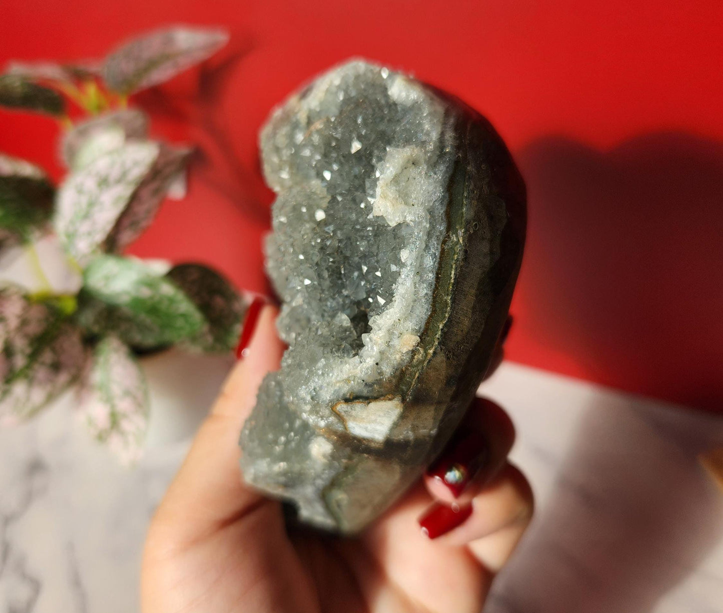 High quality natural green rainbow amethyst heart with amazing rosette flower formations, stand is included 1.76lbs