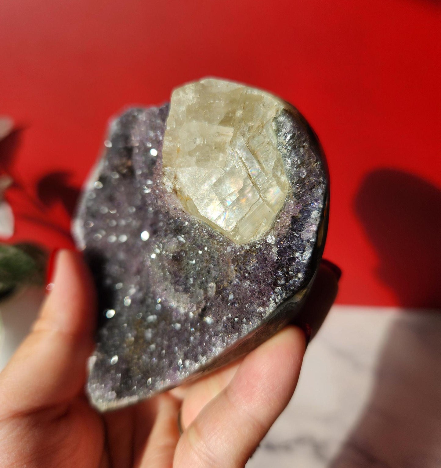 Beautiful natural amethyst heart with amazing rainbow calcite from Brazil, custom stand is included