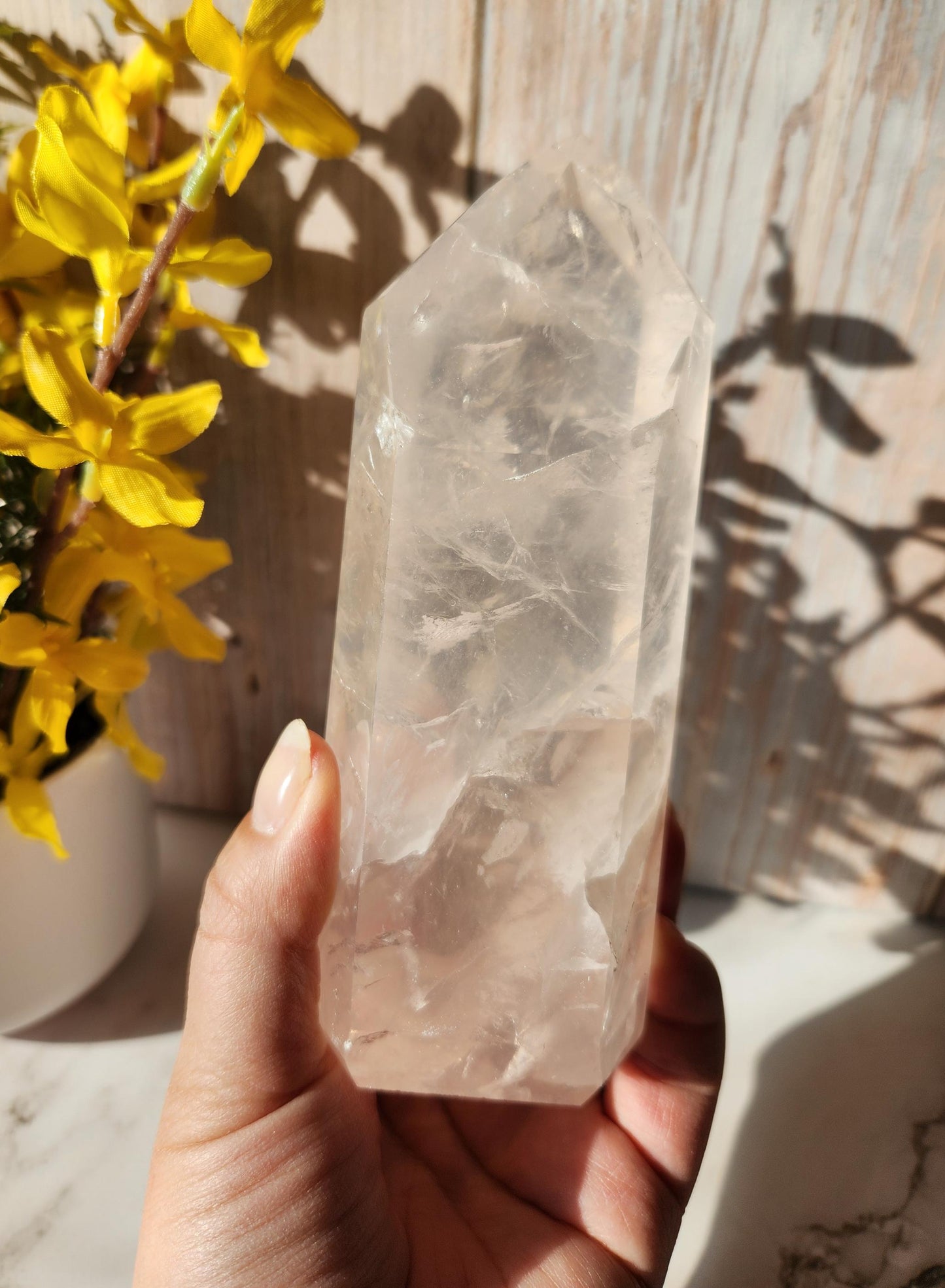 Beautiful Large high quality rose quartz tower from Brazil, translucent with rainbows