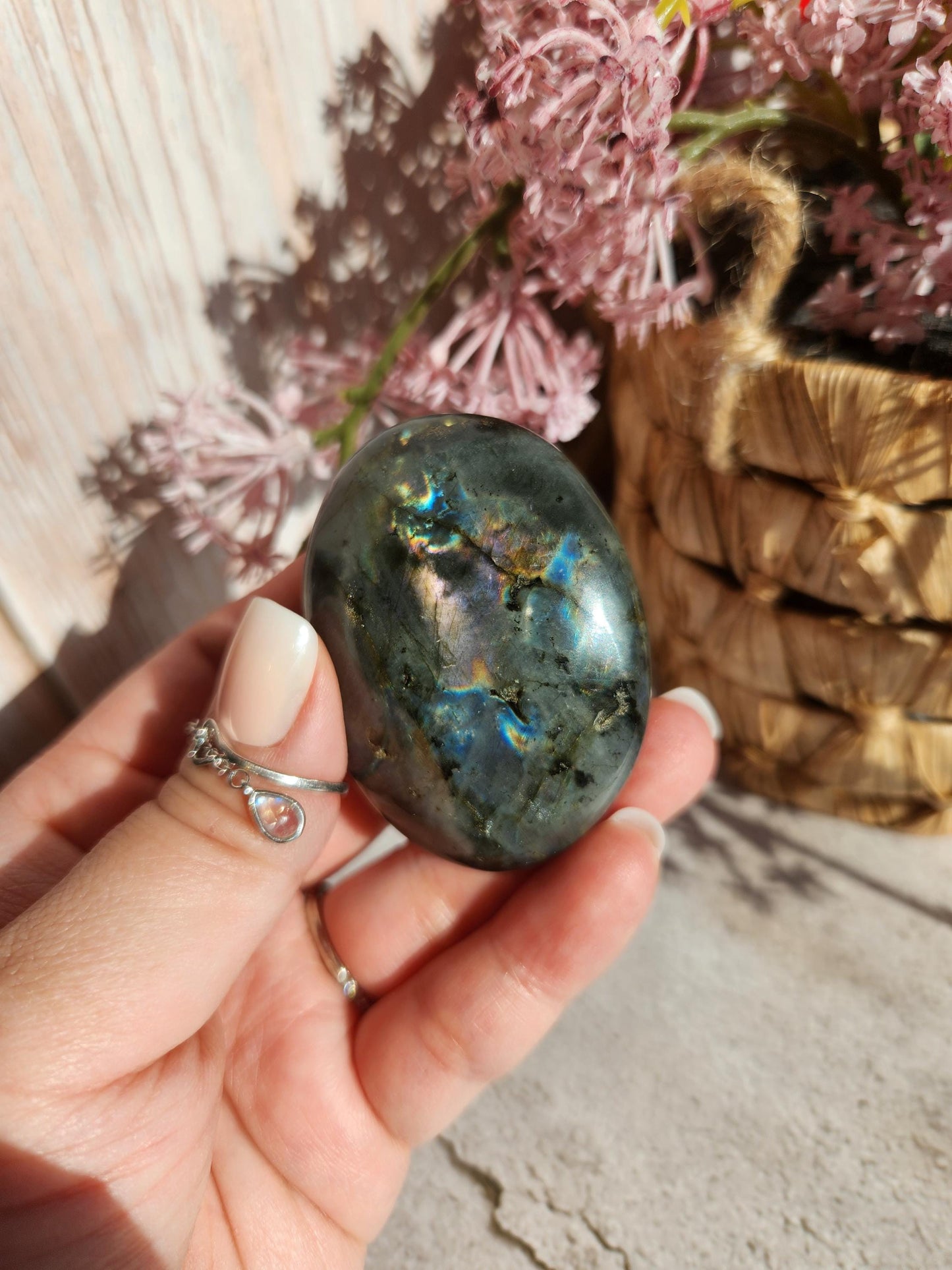 Stunning blue, silver purple labradorite palm stone from Finland