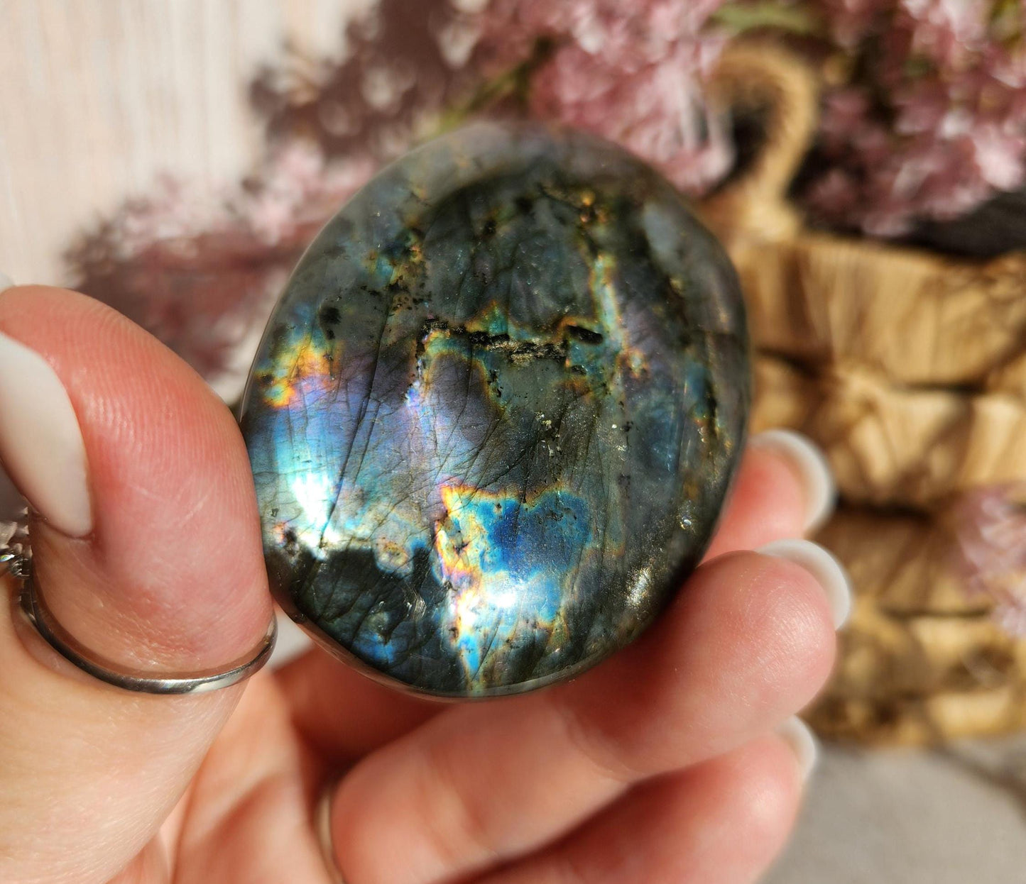 AAA duo flash labradorite, bright silver, purple and blue flash labradorite palm stone from Finland