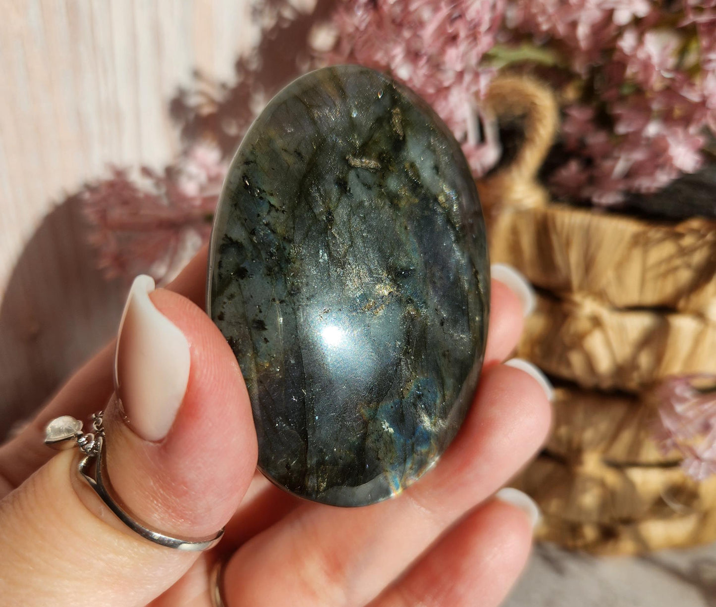 AAA duo flash labradorite, bright silver, purple and blue flash labradorite palm stone from Finland