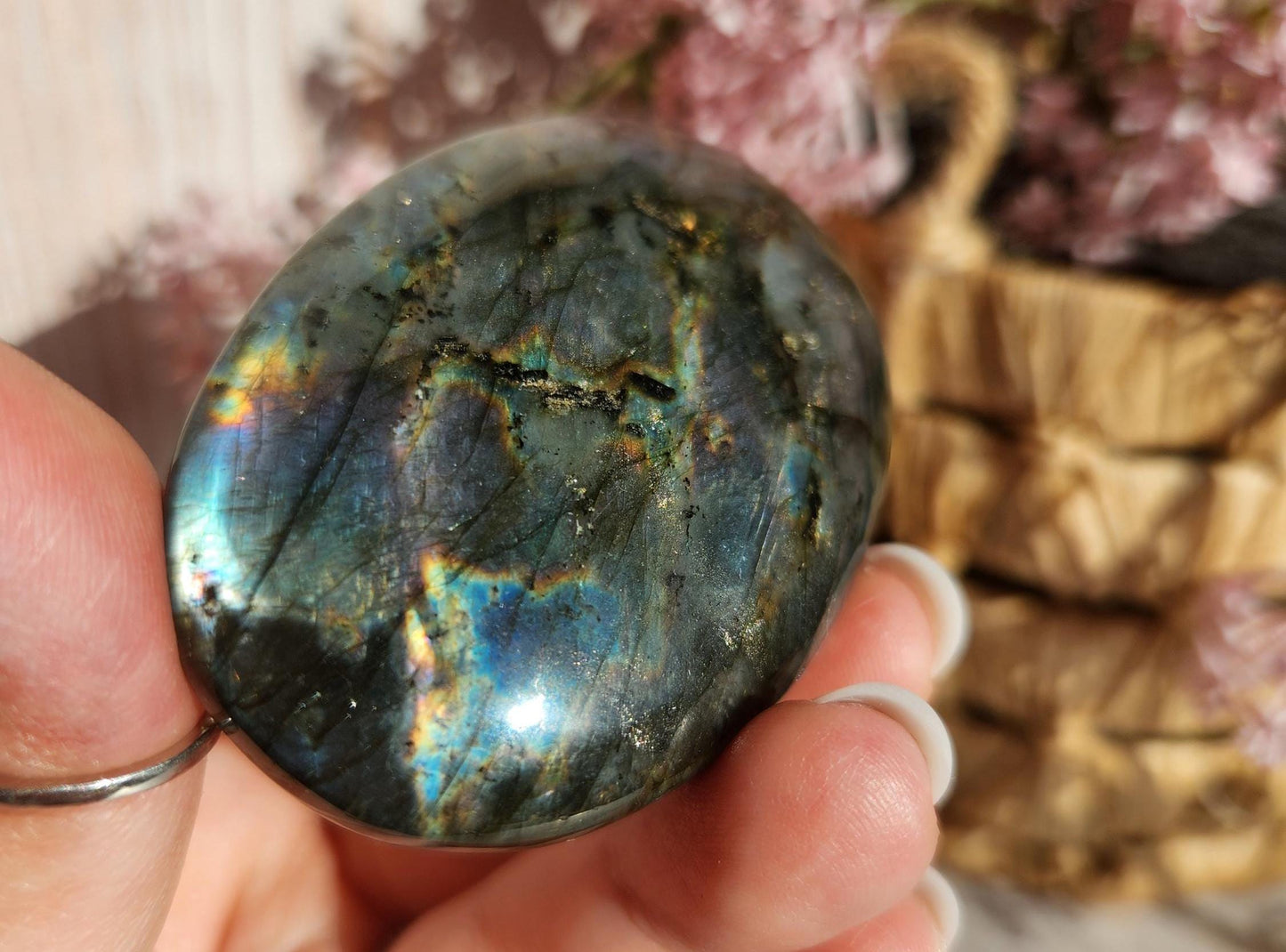 AAA duo flash labradorite, bright silver, purple and blue flash labradorite palm stone from Finland