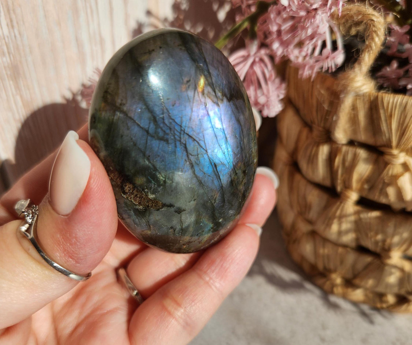 AAA duo flash labradorite, bright silver, purple and blue flash labradorite palm stone from Finland