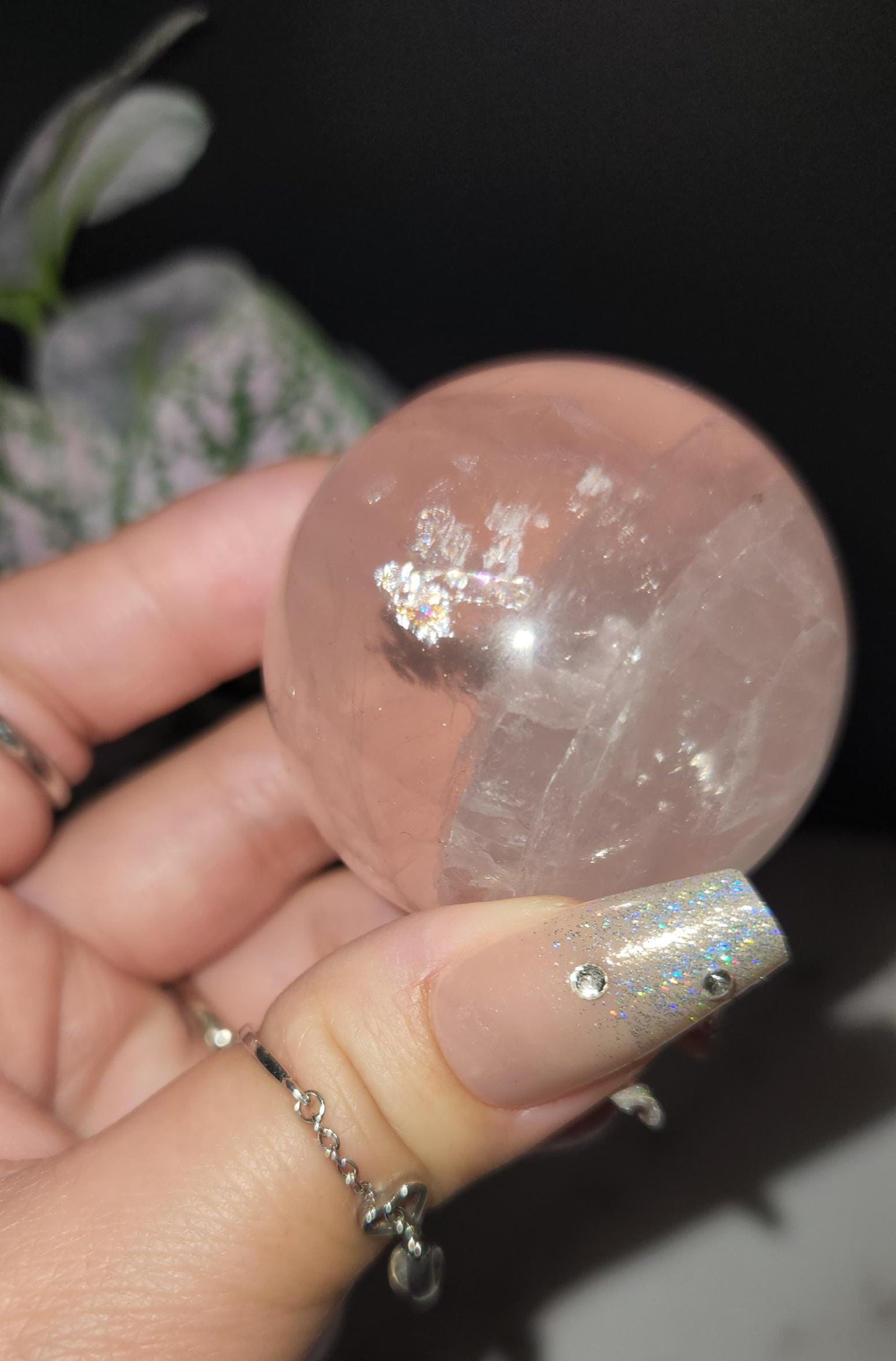 High quality 6 star rose quartz sphere with rainbows from Mozambique D35 R1