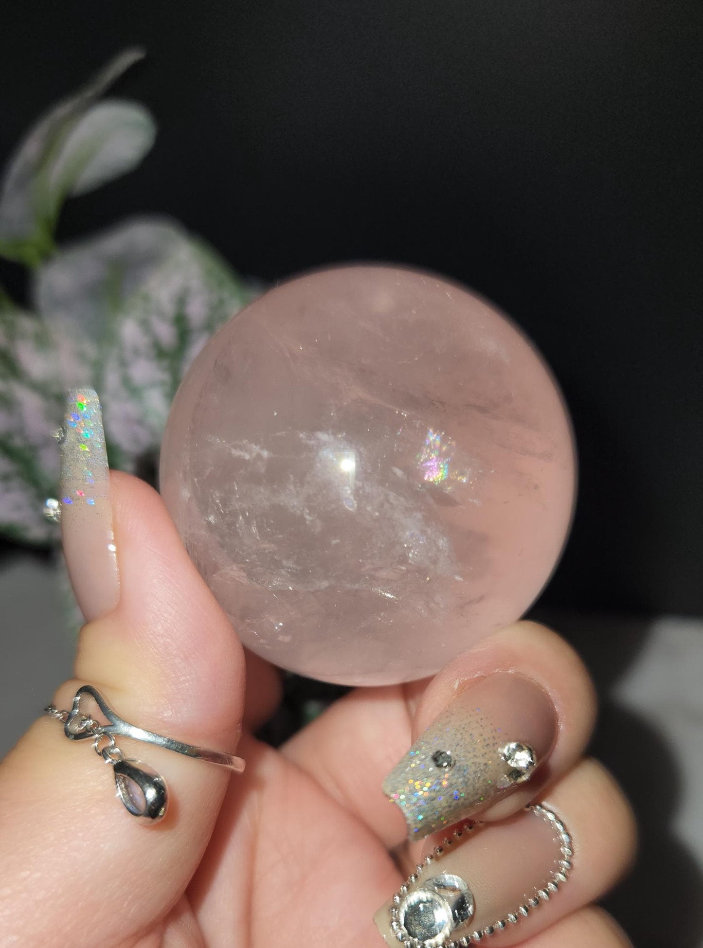 High quality 6 star rose quartz sphere with rainbows from Mozambique D35 R1