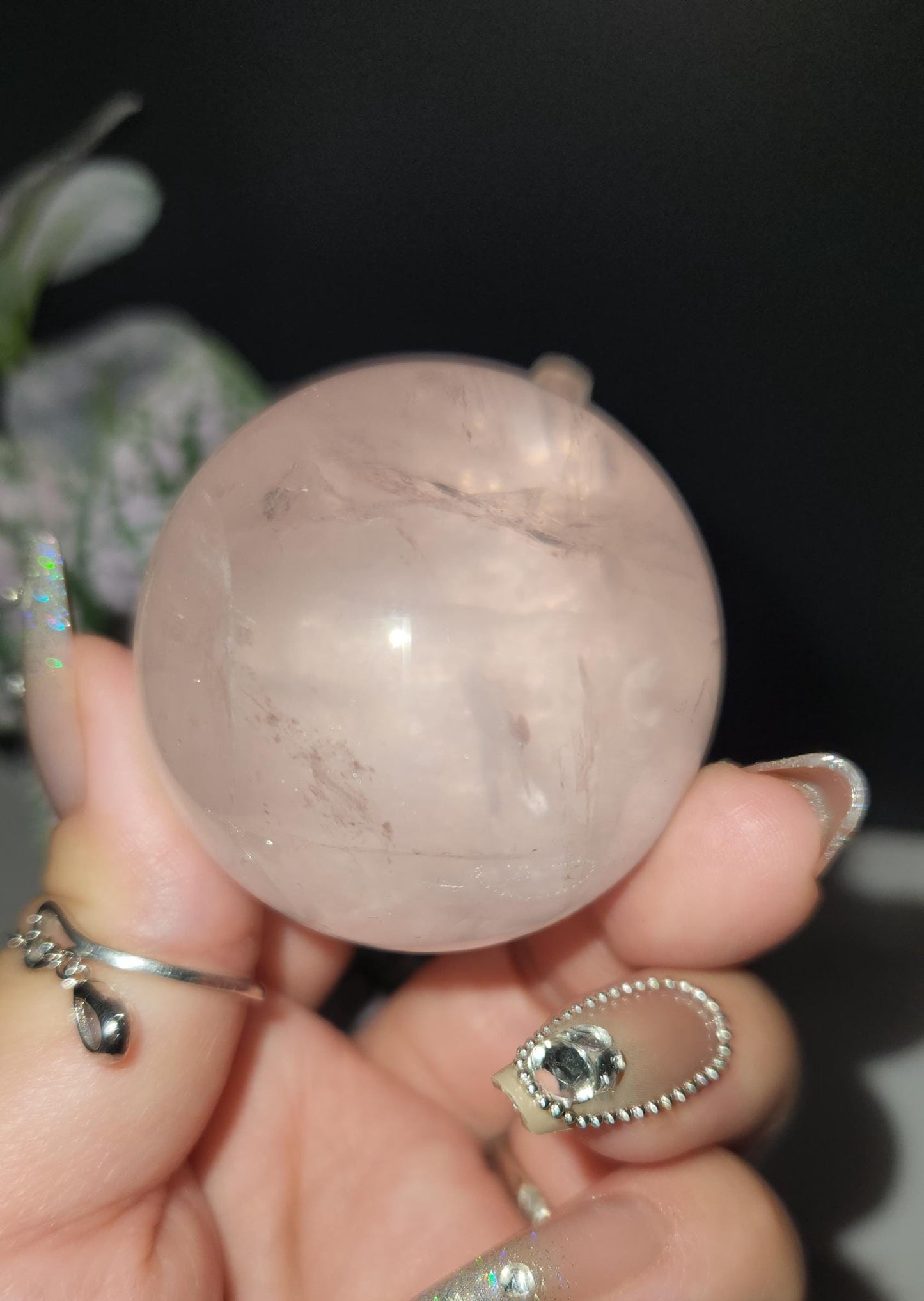High quality 6 star rose quartz sphere with rainbows from Mozambique D35 R1