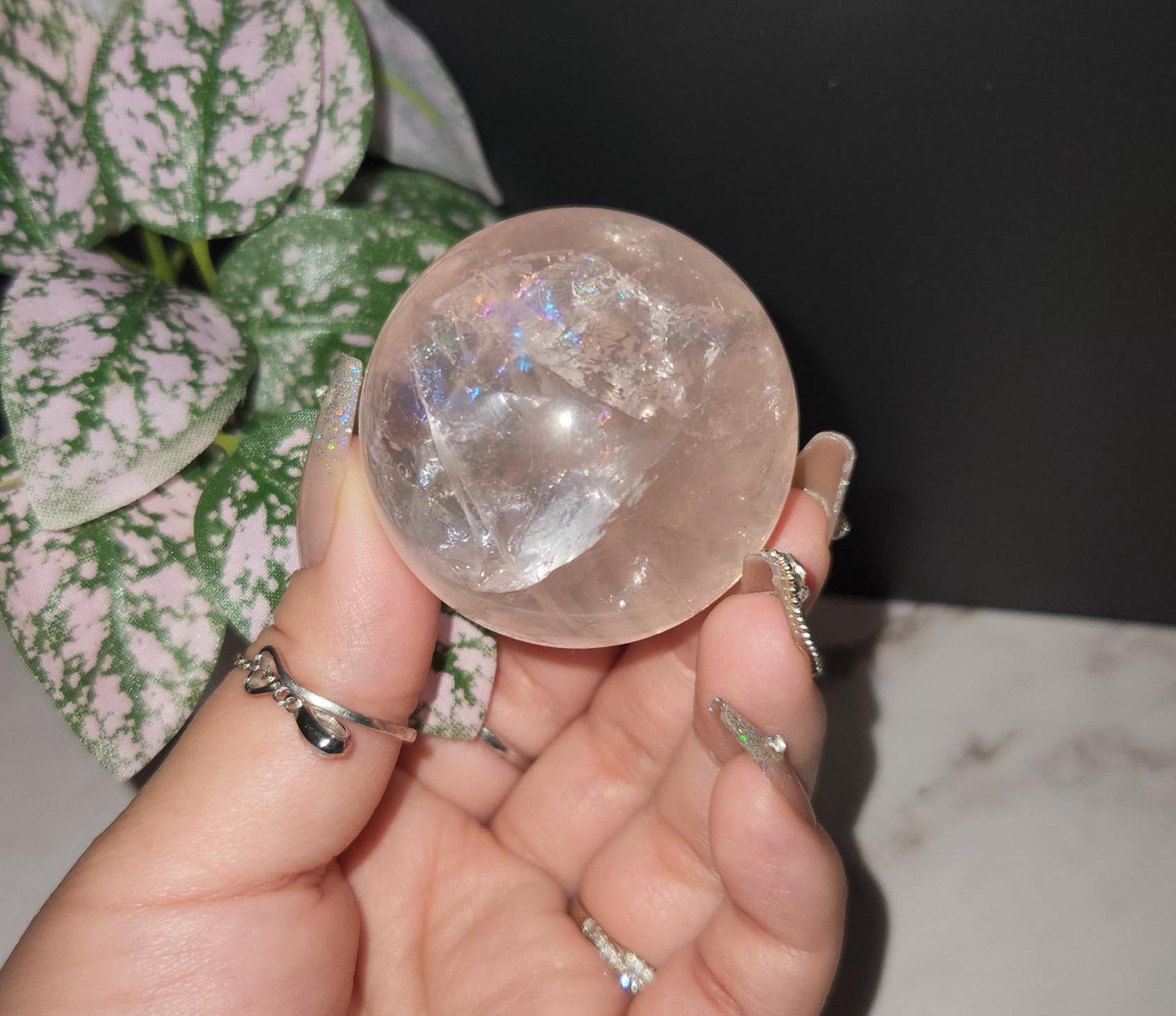 High quality 6 star rose quartz sphere with rainbows and asterism from Mozambique Q40 R3