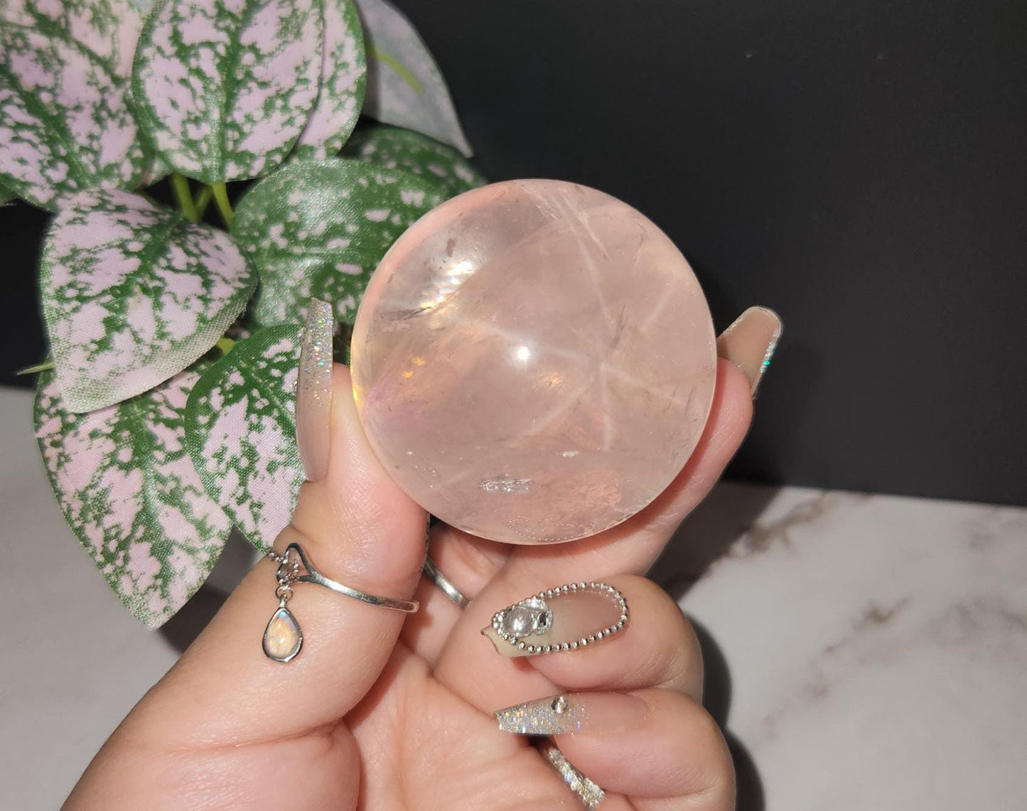High quality 6 star rose quartz sphere with rainbows and asterism from Mozambique Q40 R3