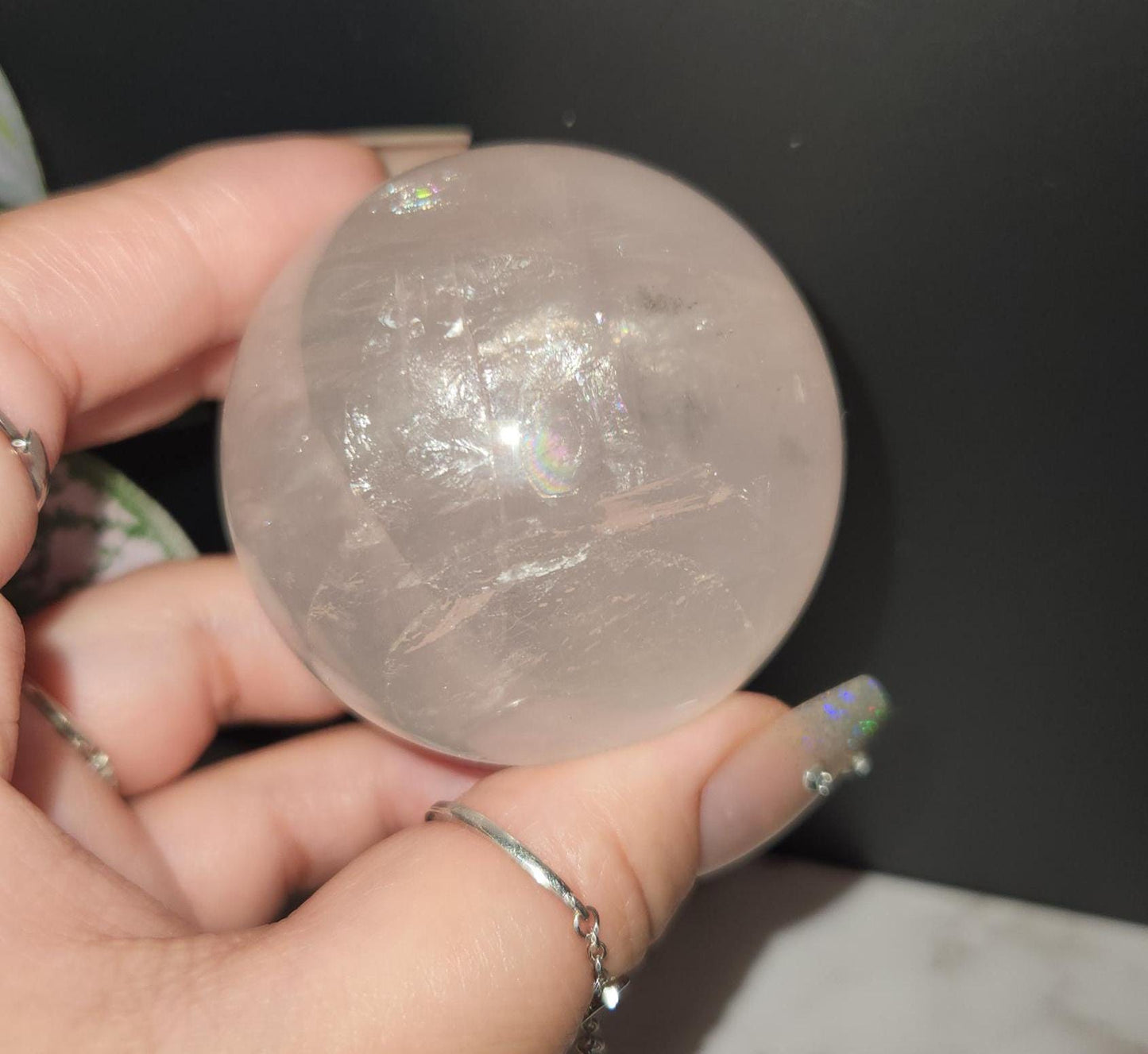 High quality 6 star rose quartz sphere with rainbows and asterism from Mozambique T55 R5
