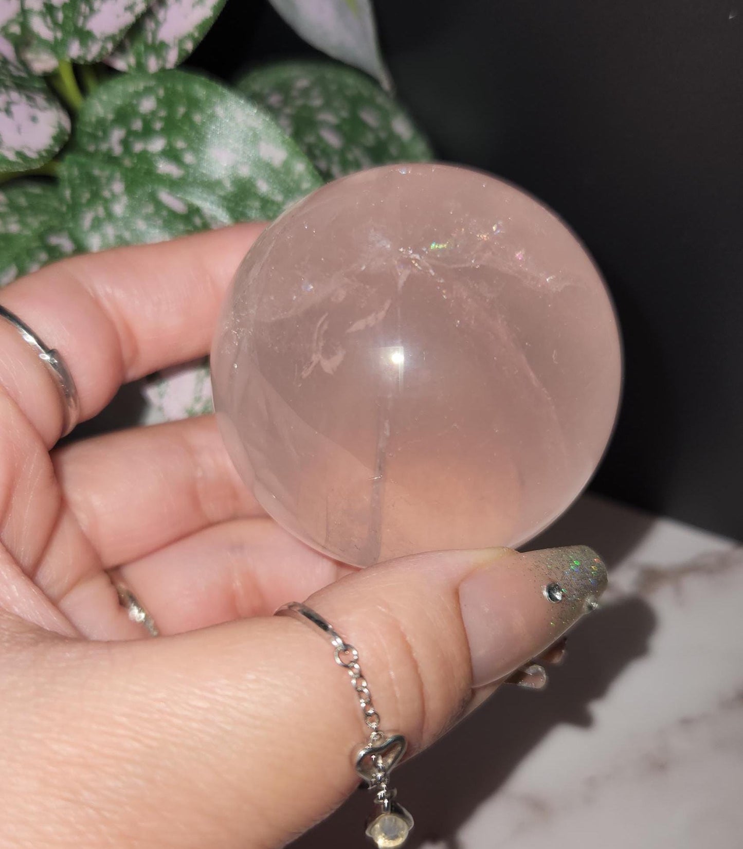 High quality 6 star rose quartz sphere with rainbows and asterism from Mozambique P47 R6
